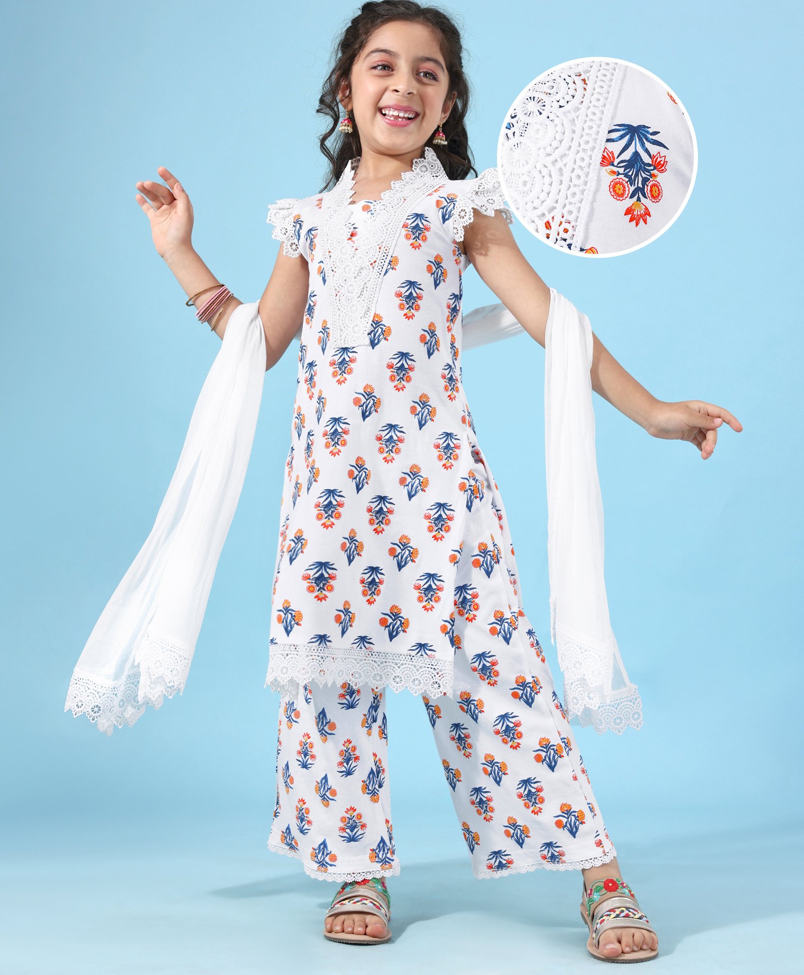 Earthy Touch 100% Cotton knit Sleeveless Kurti with Salwar & Dupatta Set With Floral Print - White-image-8