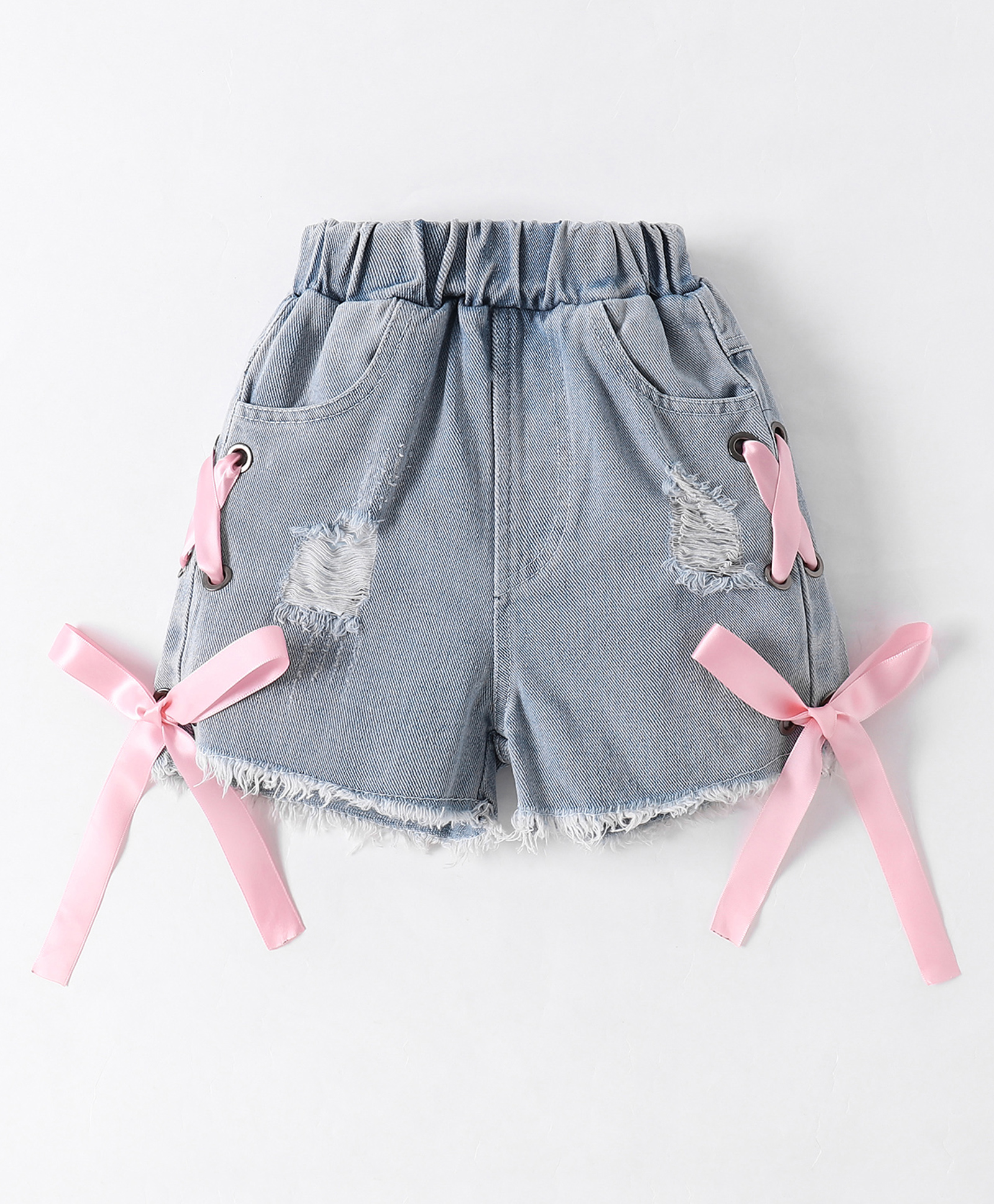 Kookie Kids Mid Thigh Length Washed & Distressed Shorts with Ribbon Detailing - Light Blue-picture-37