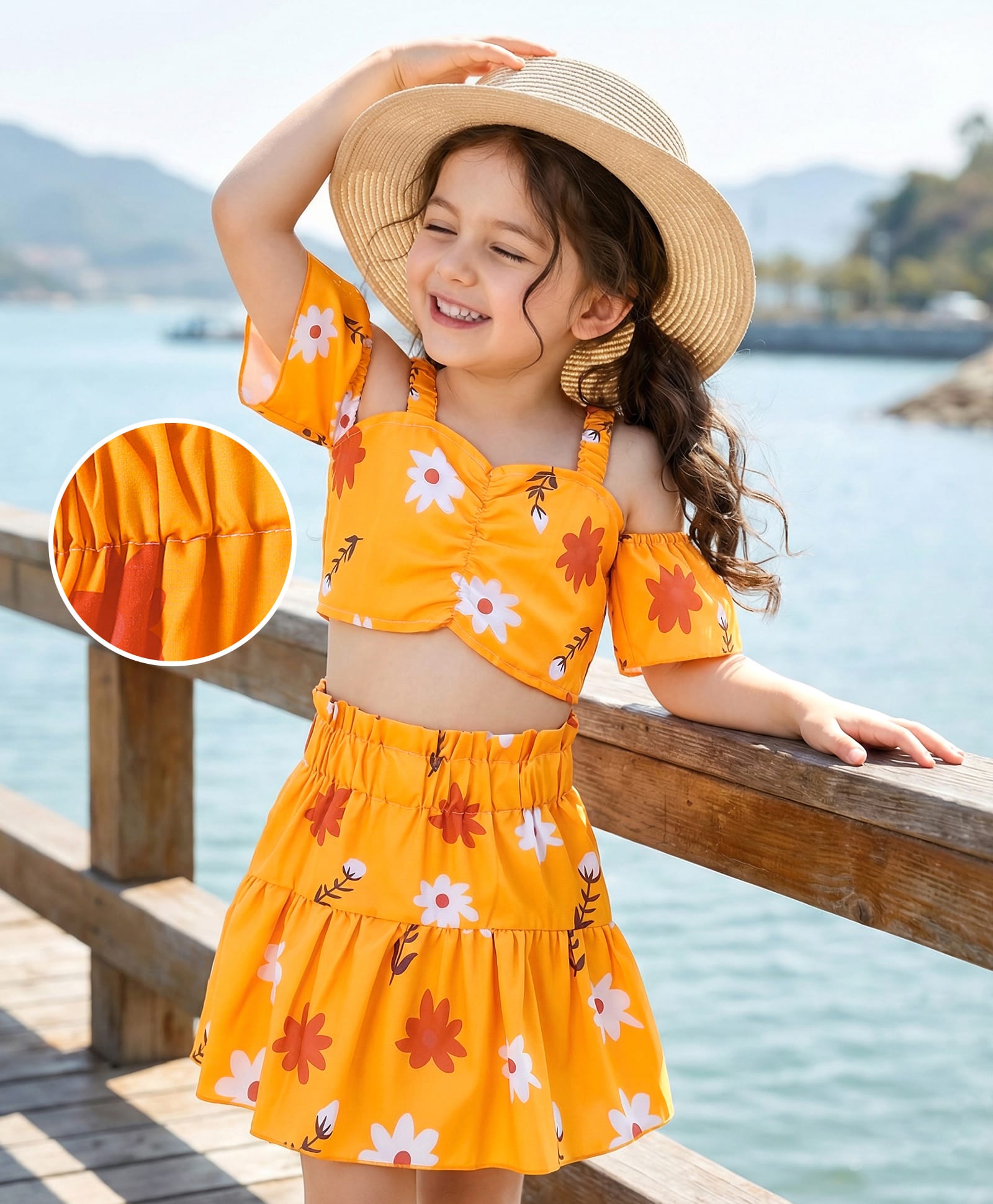 Kookie Kids Cold Shoulder Sleeves Top & Skirt Set with Floral Print - Yellow-picture-15