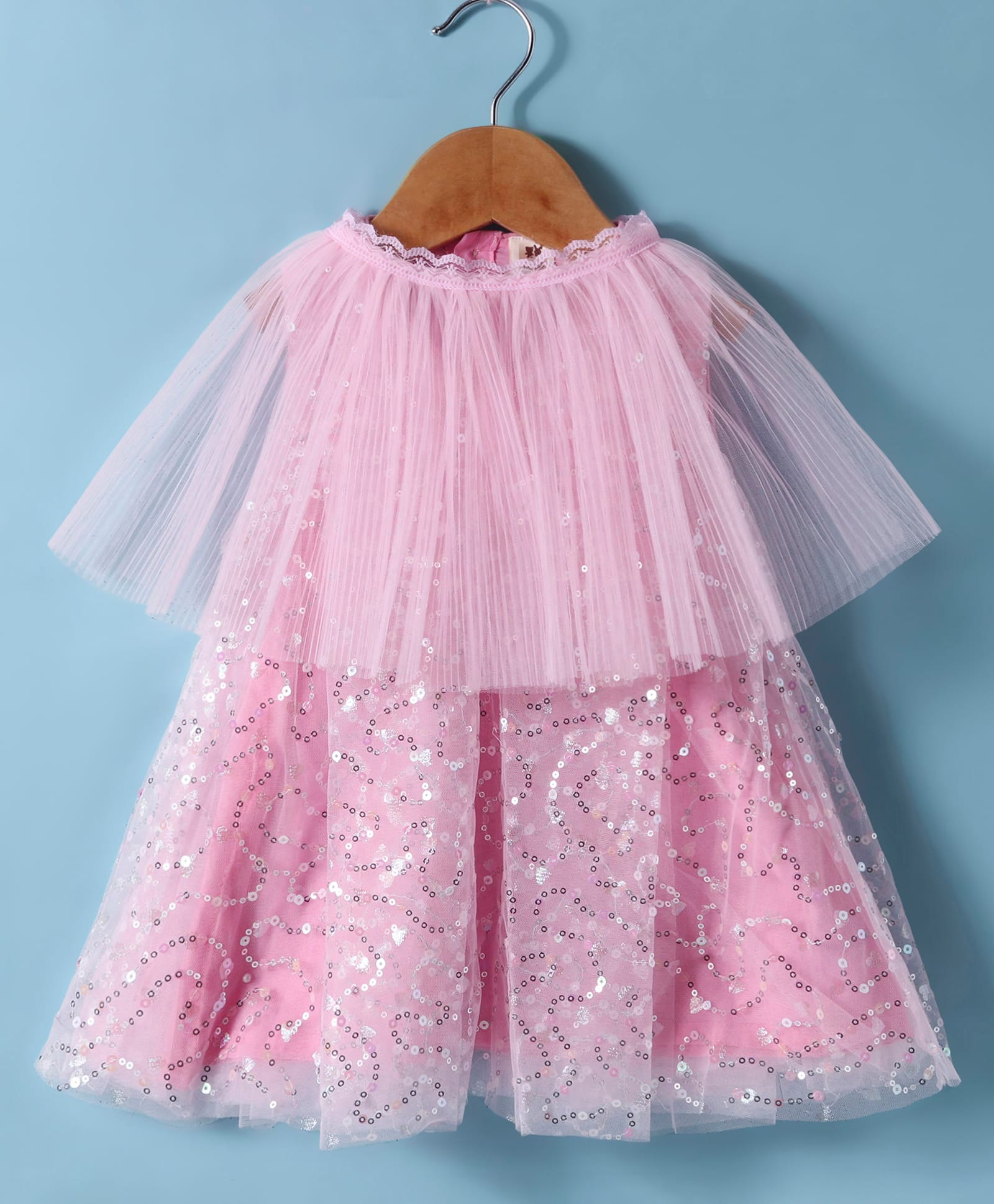 ToffyHouse 100% Cotton Knit Half Sleeves A Line Sequined Mesh Party Frock with Poncho - Pink-picture-9