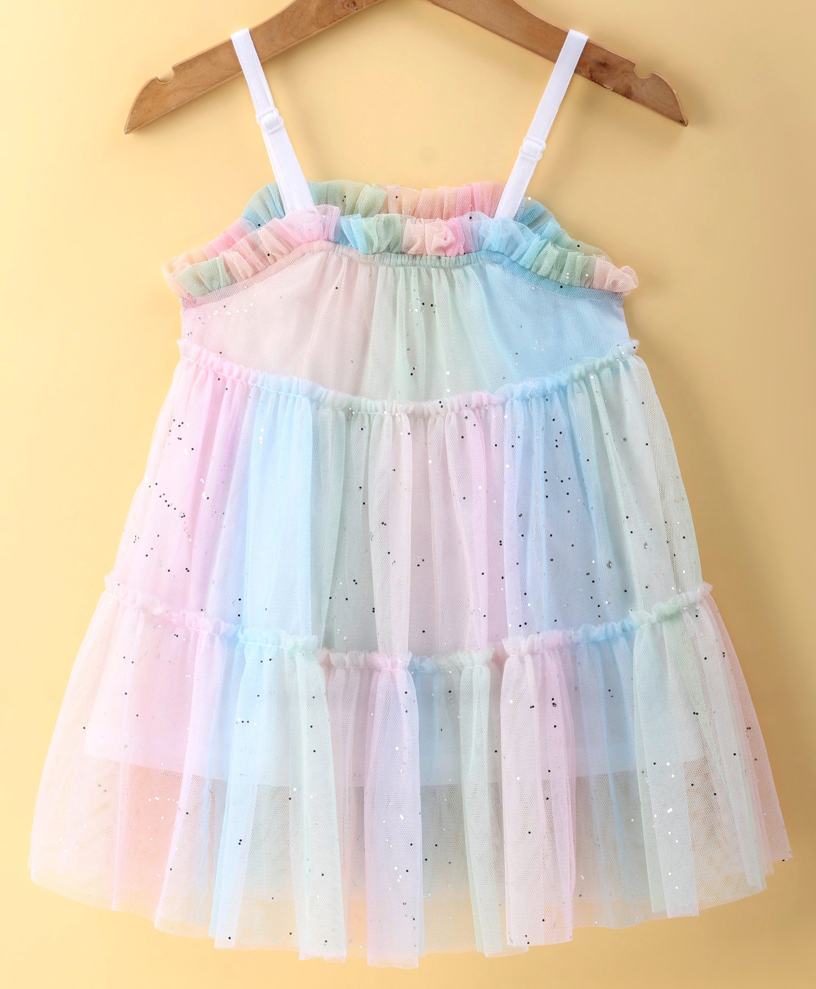 ToffyHouse 100% Cotton Woven Glitter Fit & Flared Tiered Party Frock with Frill Detailing - Pink White & Blue-image-41