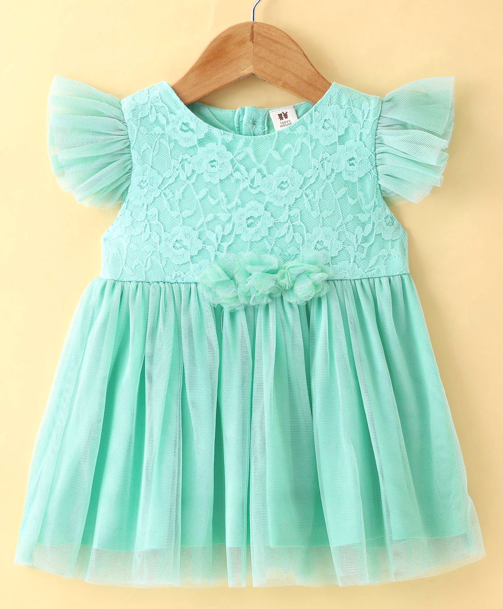 ToffyHouse 100% Woven Cotton Frill Sleeves Dress with Floral Applique - Turqouise-picture-34