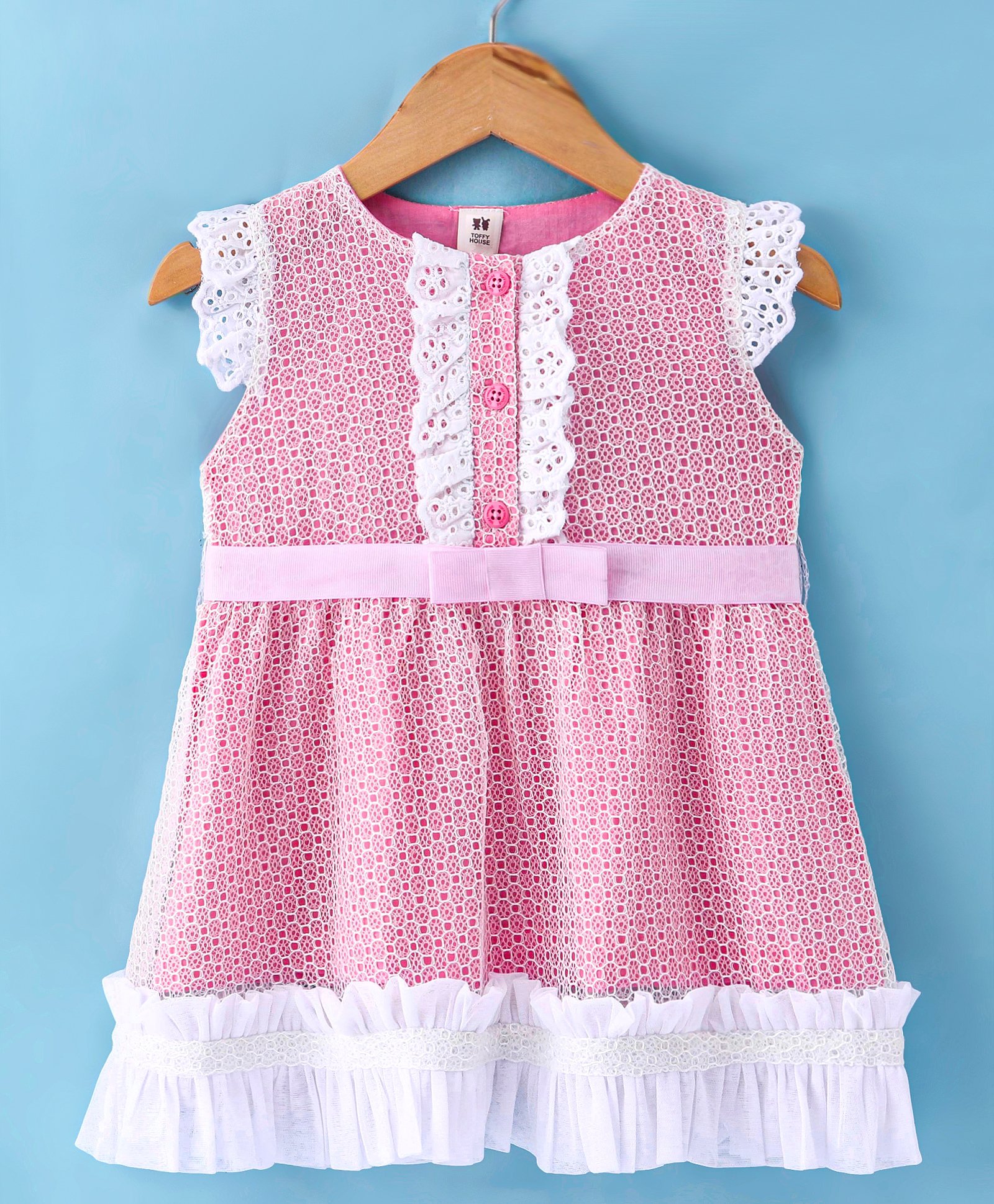 ToffyHouse Frill Sleeves  A Line Honeycomb Textured Fabric Party Frock with Frill Detailing - Pink-picture-30