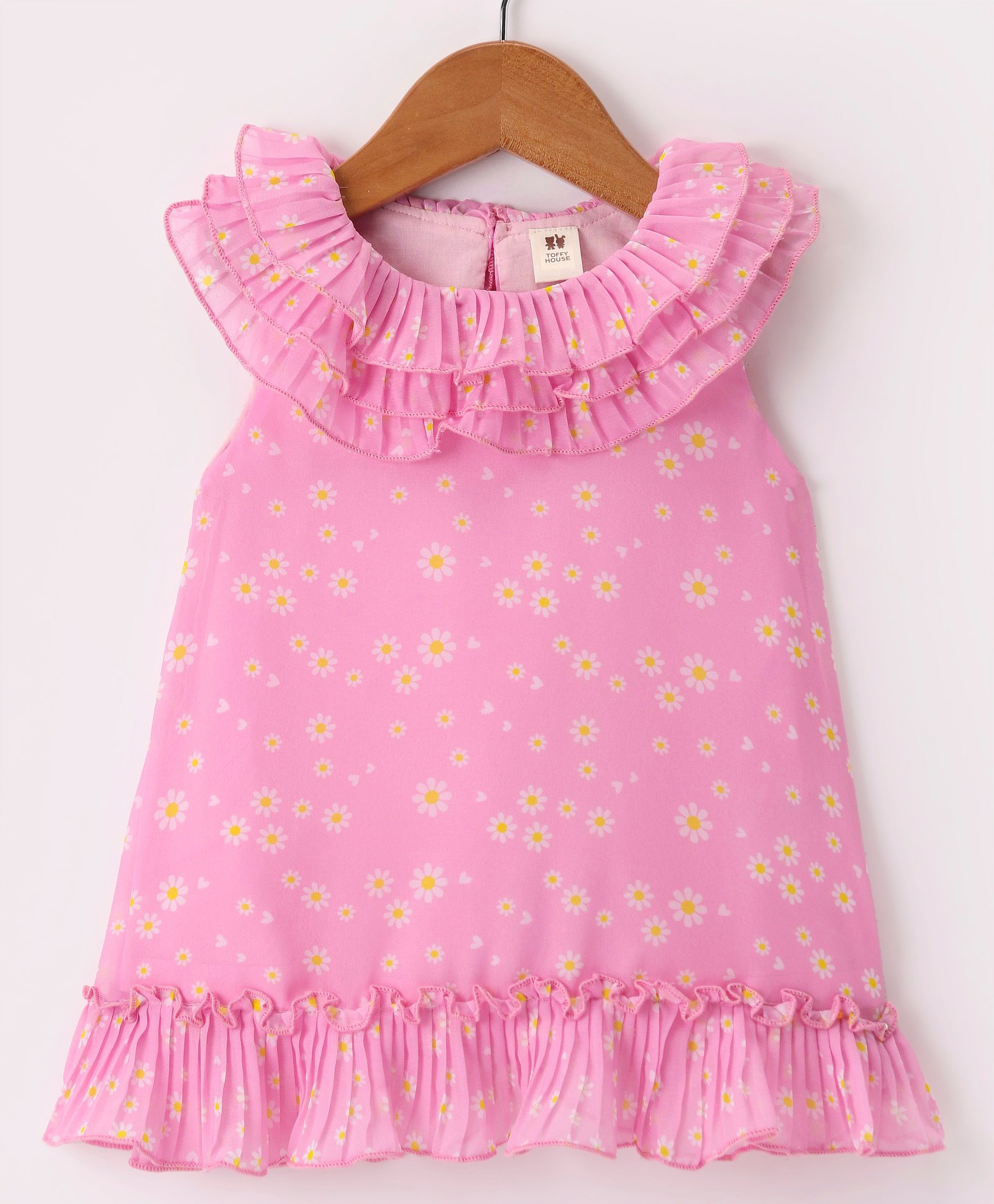 ToffyHouse Chiffon Woven Sleeveless Dress With Floral Print & Frill Detailing At Neck & Hem - Dark Peach-picture-13