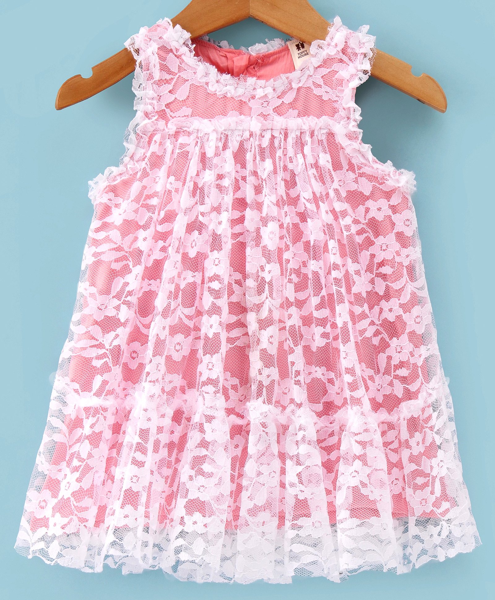 ToffyHouse Woven Satin Sleeveless Party Frock with Lace Detailing- Peach-picture-28