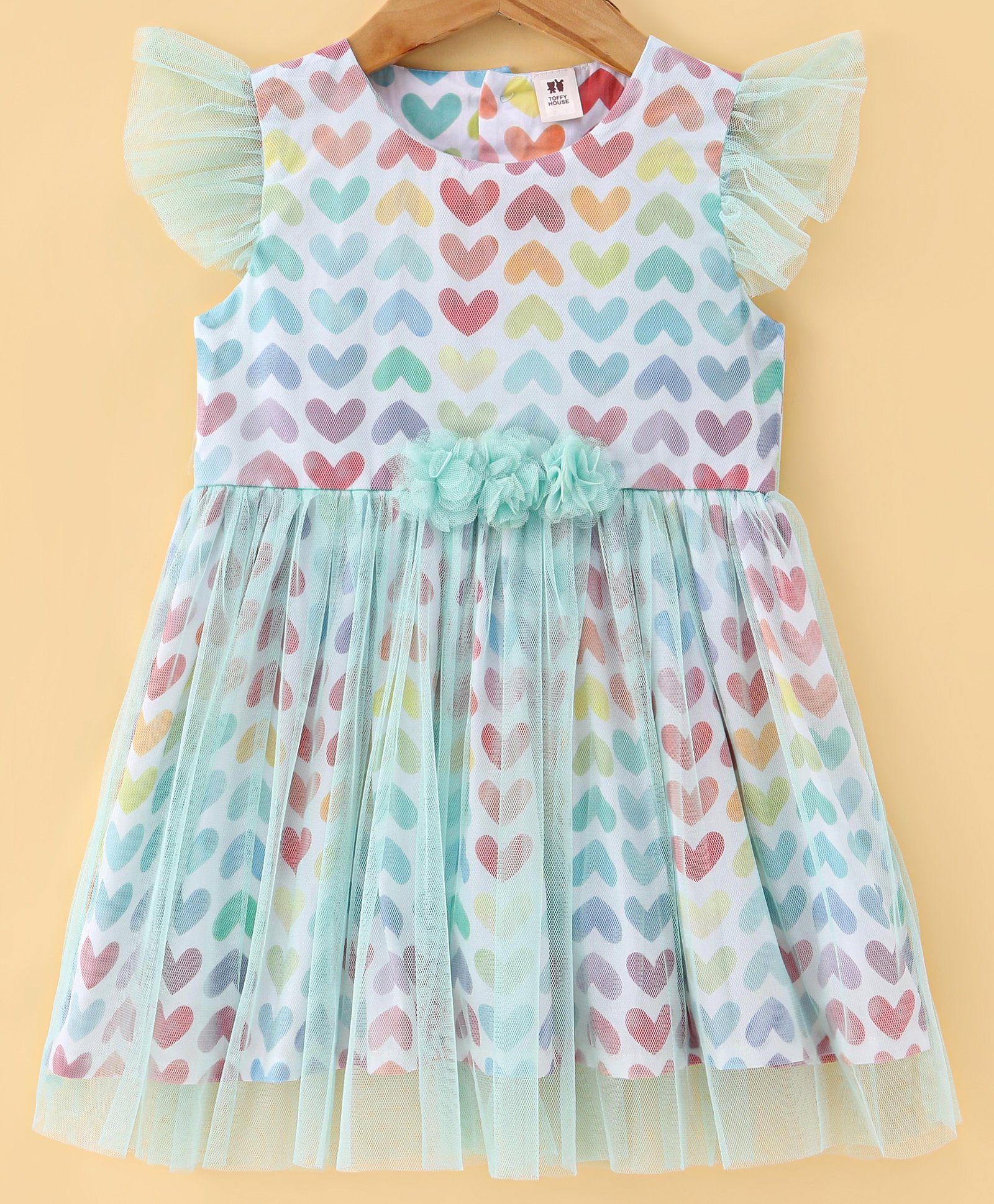 ToffyHouse 100% Woven Cotton Frill Sleeves Dress with Heart Print - Multicolor-image-0