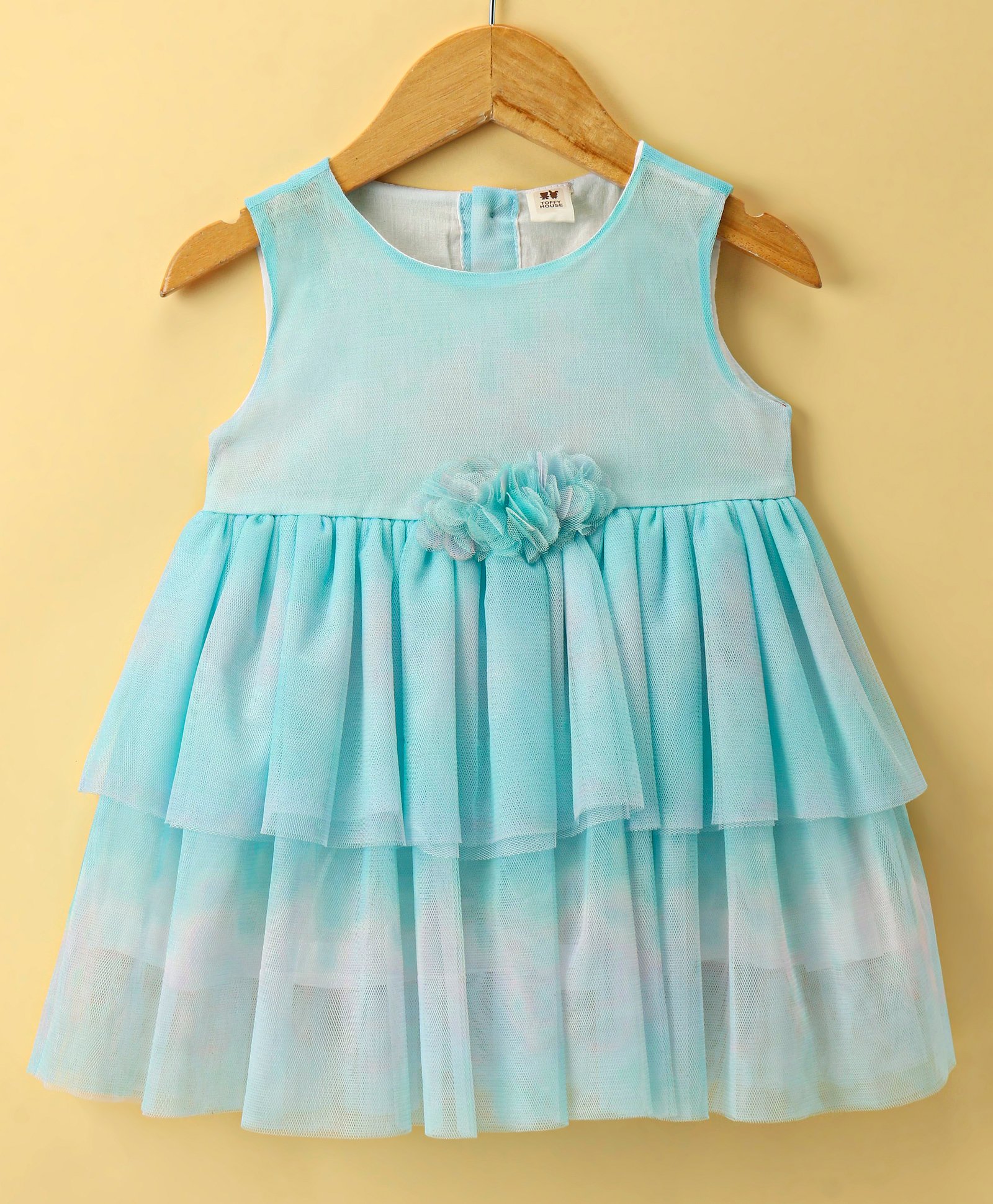 ToffyHouse Cotton Woven Sleeveless Tiered Frock Dress With Floral Applique - Baby Blue-image-40