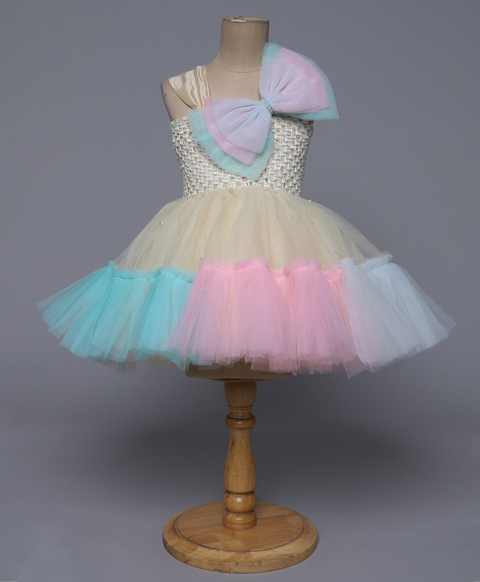 TINY MINY MEE Elastane Sleeveless Bow Applique & Pearl Embellished Dress - Beige-image-23