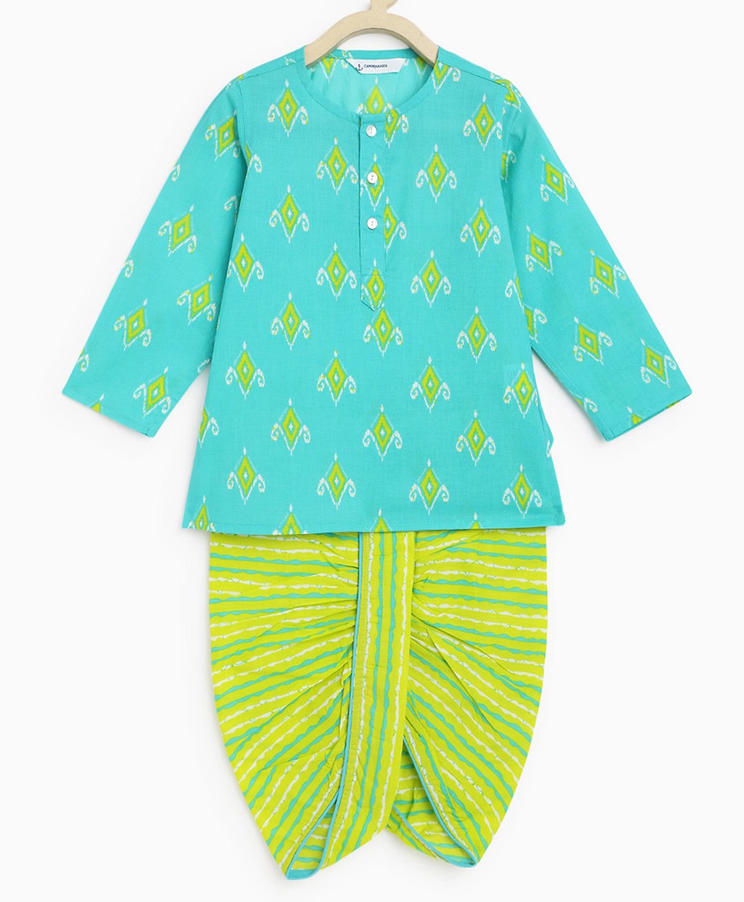 Campana 100% Cotton Full Sleeves  Ethnic Motif Printed Kurta & Striped Dhoti - Turquoise Blue & Lime Green-picture-19
