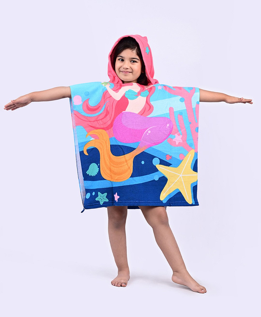 Yellow Bee Half Sleeves Mermaid Printed With Hooded Poncho  Towel - Pink & Blue-image-7