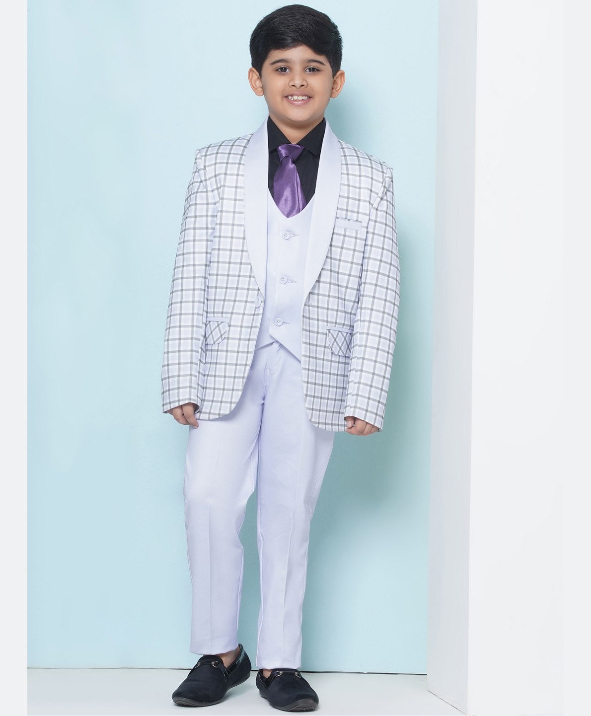AJ Dezines Full Sleeves Solid Shirt  Coordinating  Waistcoat & Pant With Checked Blazer & Tie - Mauve-picture-28