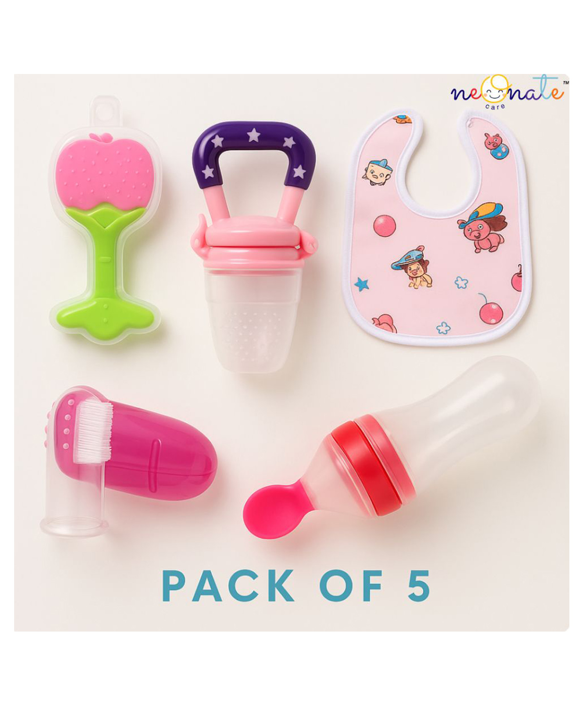 neonatecare Neonate Care Baby Fruit Feeder Pacifier (1 Pcs) with 1 PCS Silicone Baby Food Dispensing Spoon 90ml and 1 pcs Fruit Teether 1pcs Finger Brush 1pc Bibs (Pink)-picture-29