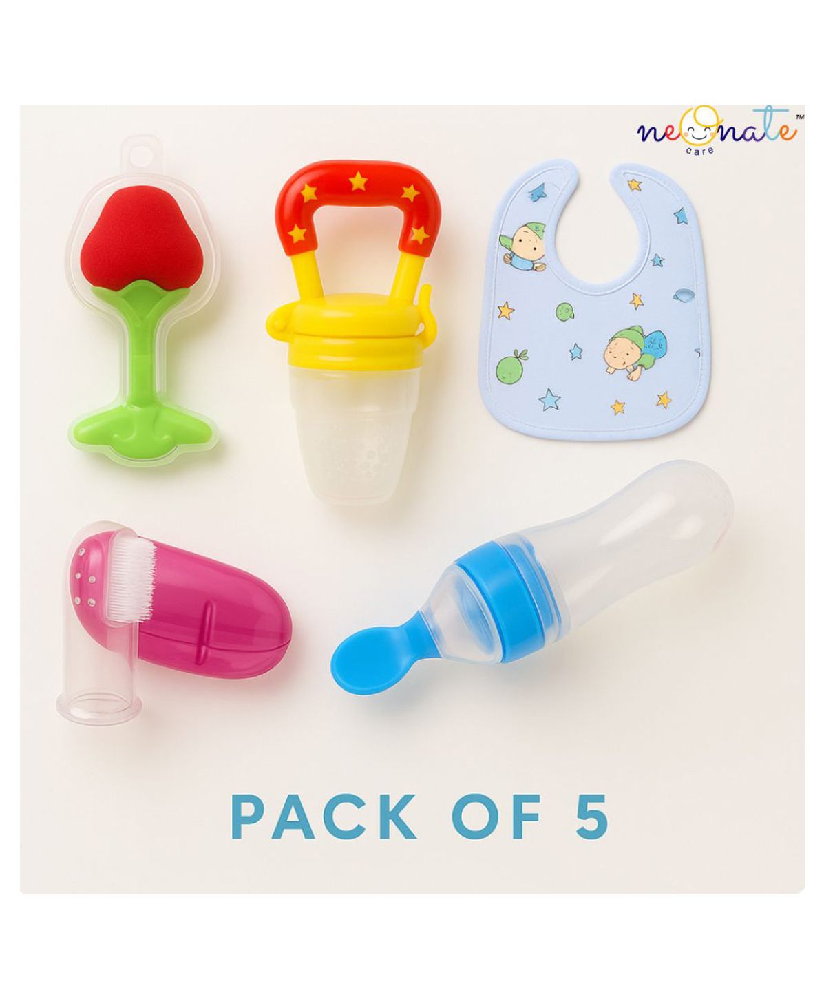 neonatecare Neonate Care Baby Fruit Feeder Pacifier (1 Pcs) with 1 PCS Silicone Baby Food Dispensing Spoon 90ml and 1 pcs Fruit Teether 1pcs Finger Brush 1pc Bibs (Blue)-picture-30
