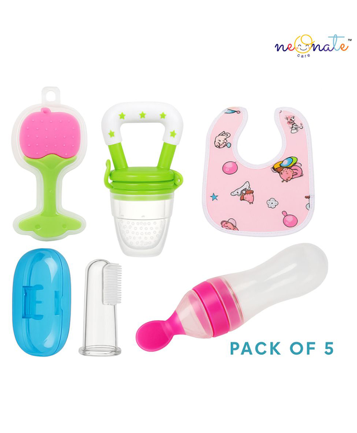 neonatecare Neonate Care Baby Fruit Feeder Pacifier (1 Pcs) with 1 PCS Silicone Baby Food Dispensing Spoon 90ml and 1 pcs Fruit Teether 1pcs Finger Brush 1pc Bibs (Multi)-picture-31