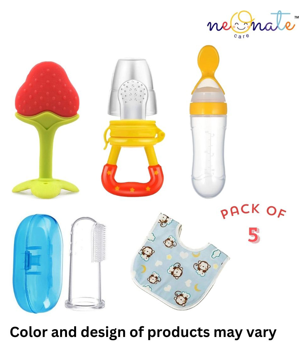 neonatecare Neonate Care Baby Fruit Feeder Pacifier (1 Pcs) with 1 PCS Silicone Baby Food Dispensing Spoon 90ml and 1 pcs Fruit Teether 1pcs Finger Brush 1 pcs Baby bib (Green)-picture-32