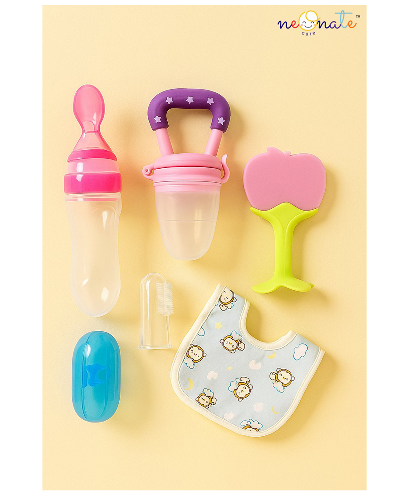 neonatecare Neonate Care Finger Brush combo with Baby Fruit Feeder Pacifier (1 Pcs) with 1 PCS Silicone Baby Food Dispensing Spoon 90ml and 1 pcs Fruit Teether 1 pcs Baby bib (Blue)-picture-36
