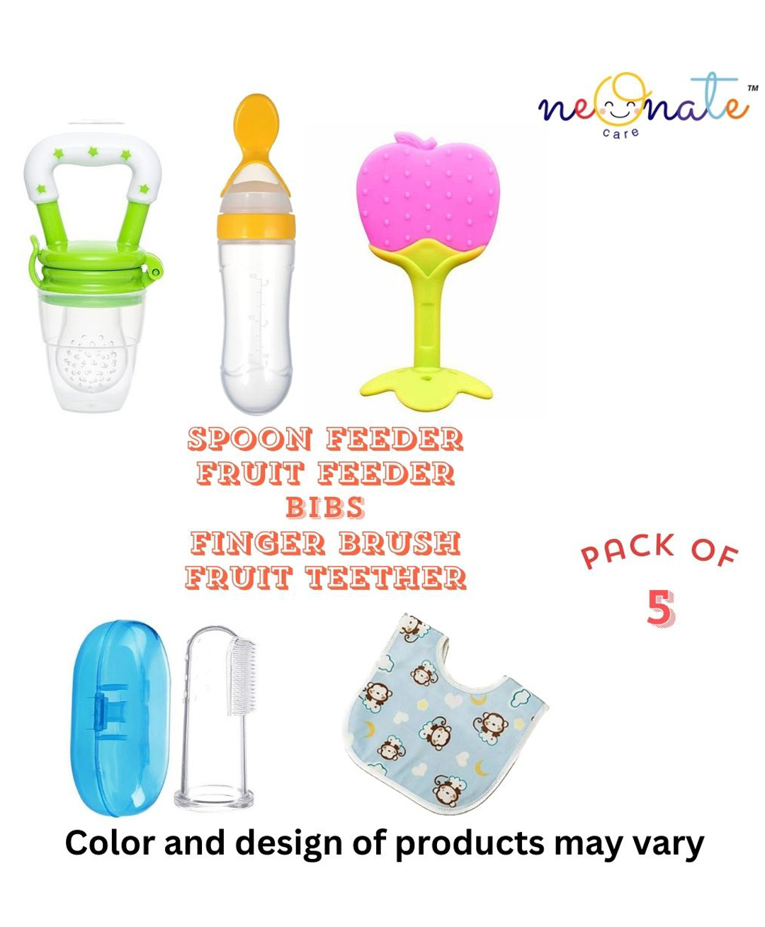 neonatecare Neonate Care Finger Brush combo with Baby Fruit Feeder Pacifier (1 Pcs) with 1 PCS Silicone Baby Food Dispensing Spoon 90 ml and 1 pcs Fruit Teether 1 pcs Baby bib (Multi 5)-picture-35