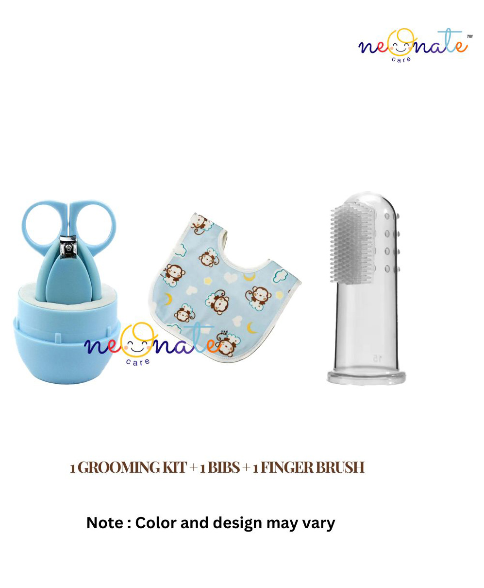 neonatecare Neonate Care Baby Grooming Kit with with 1pcs Finger Brush and 2pc Bibs (Multi color)( color and design may vary)-picture-34