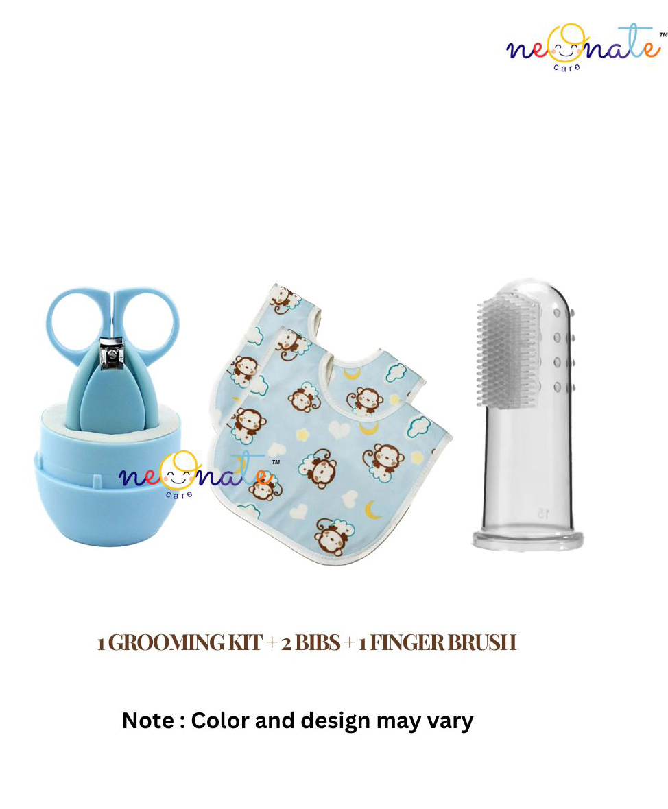 neonatecare Neonate Care Baby Grooming Kit  Finger Brush and 2pc Bibs (Multi color)( color and design may vary)-picture-33