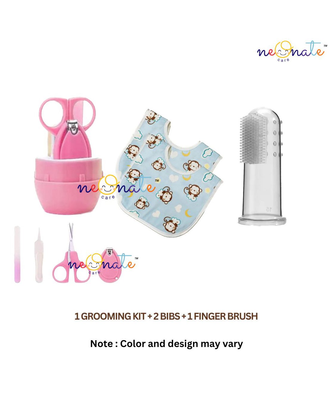 neonatecare Neonate Care Baby Grooming Kit Finger Brush and 2pc Bibs (Multi color)( color and design may vary)-picture-32