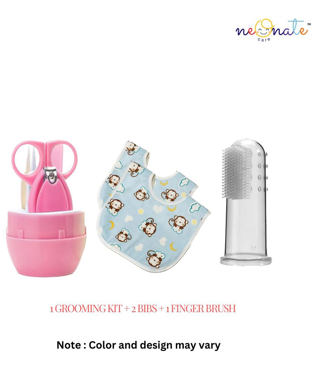 neonatecare Neonate Care Baby Grooming Kit Finger Brush and 2pc Bibs (Multi color)( color and design may vary)-picture-31