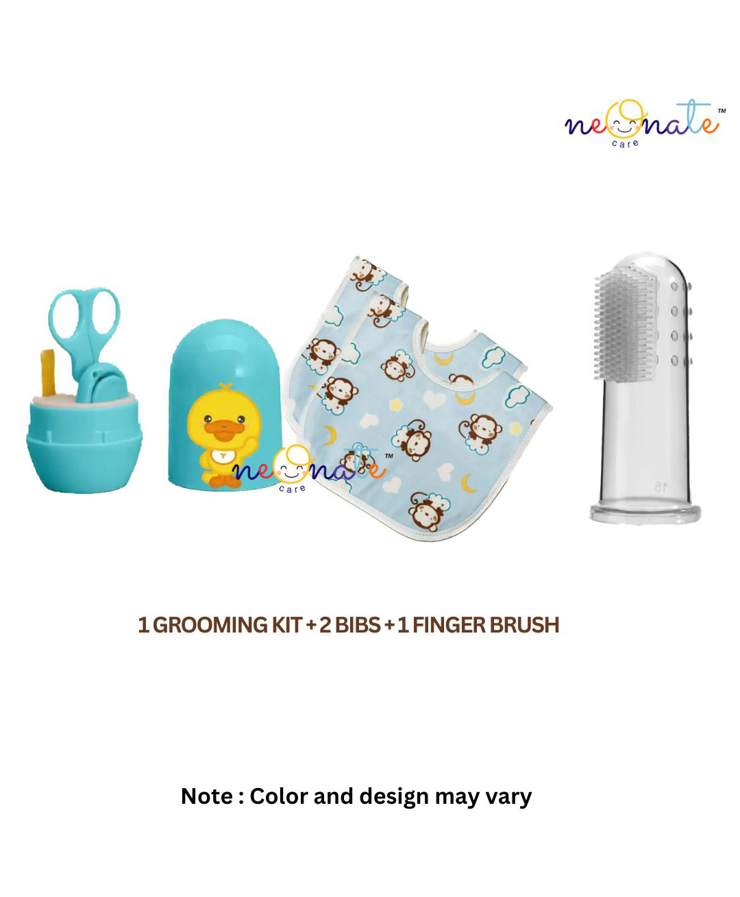 Neonate Care Baby Grooming Kit Finger Brush and 2pc Bibs (Multi color)( color and design may vary)-image-5