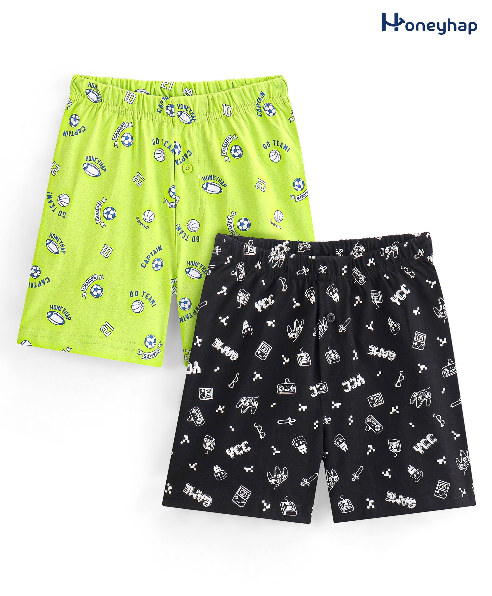 Honeyhap Premium  100% Cotton Knit Boxers Football & Game Controller Print Pack of 2 -  Black  Green-image-13