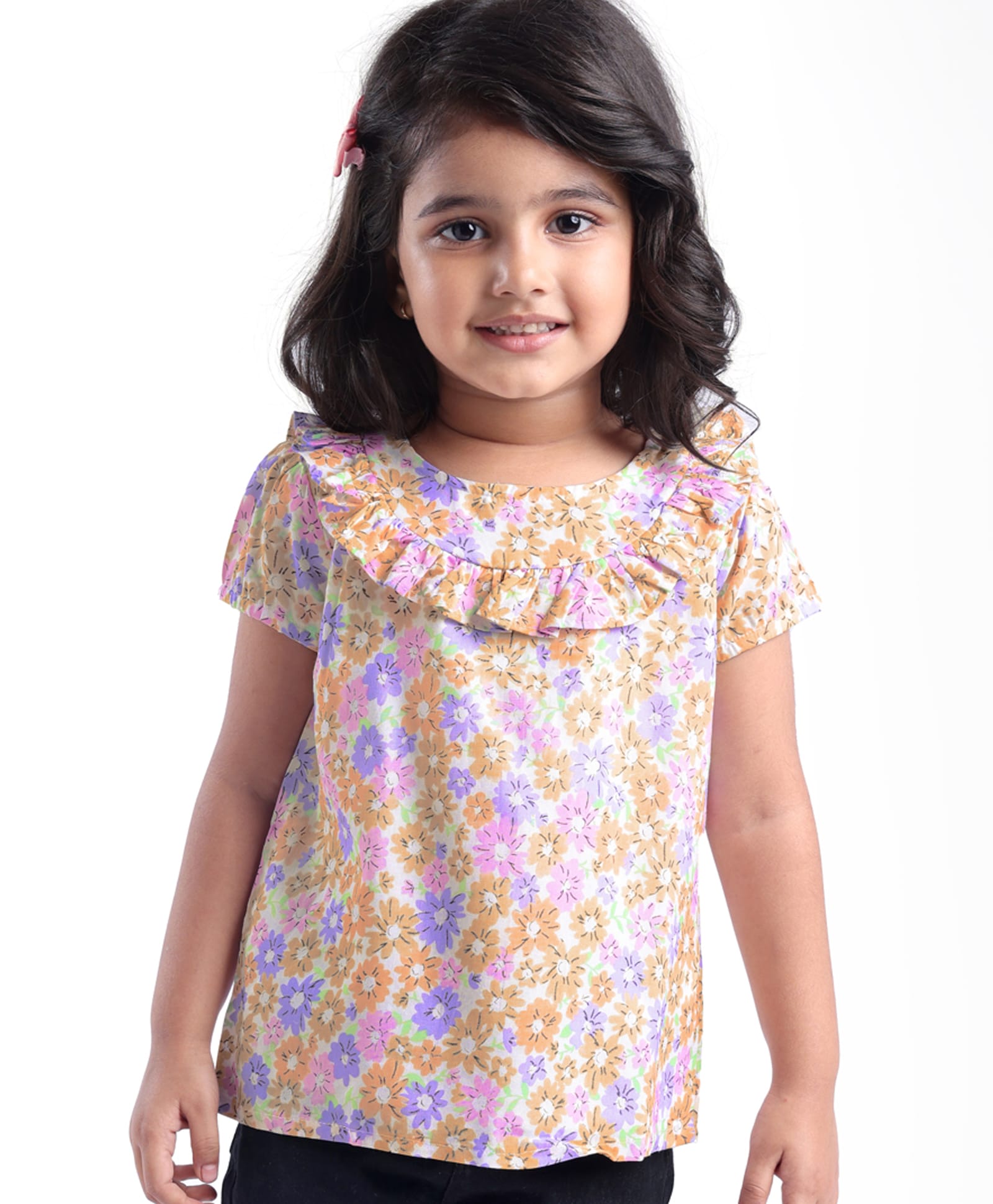 Babyhug 100% Rayon Woven Half Sleeves  Top with Frill Detailing & Floral Print- White-image-24