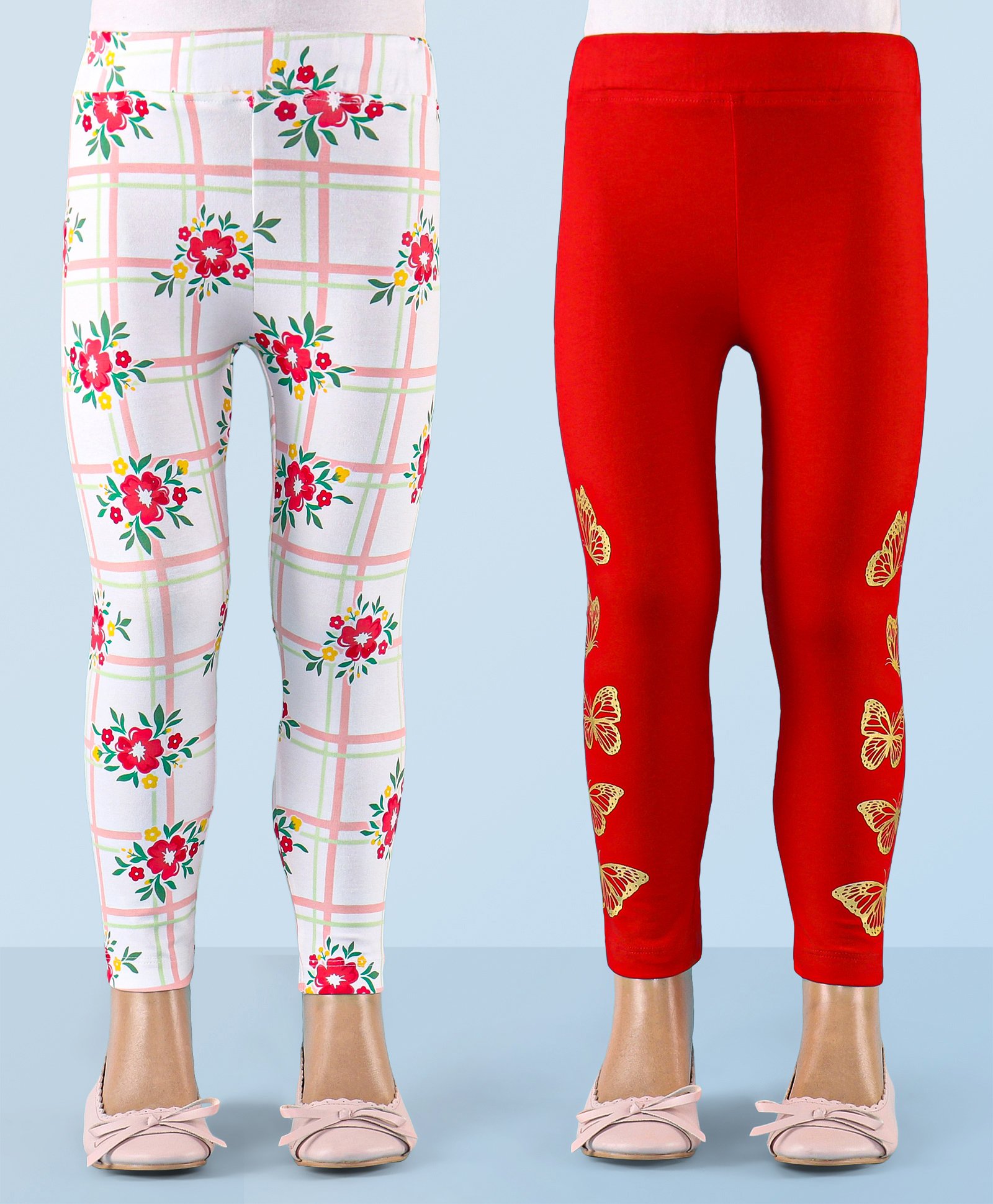 Honeyhap Premium Single Jersey With Bio Finish Full Length Leggings With Floral & Butterfly Print Pack Of 2 - Bright White & High Risk Red-picture-33