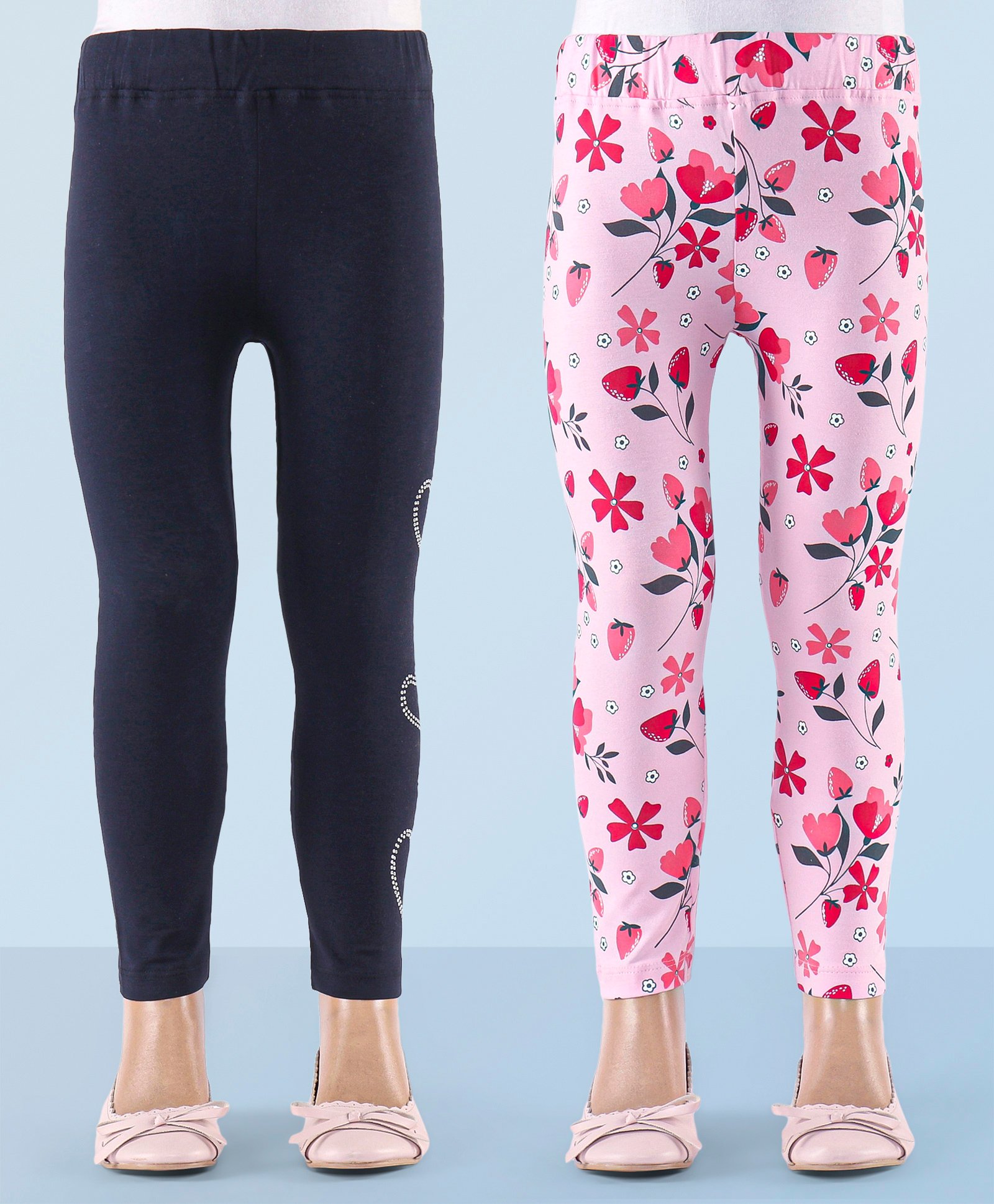 Honeyhap Premium  95% Cotton 5% Elastane Full Length Leggings With Bio Finish Floral & Hearts Print Pack of 2 - Rose Pink & Navy Peone-image-48