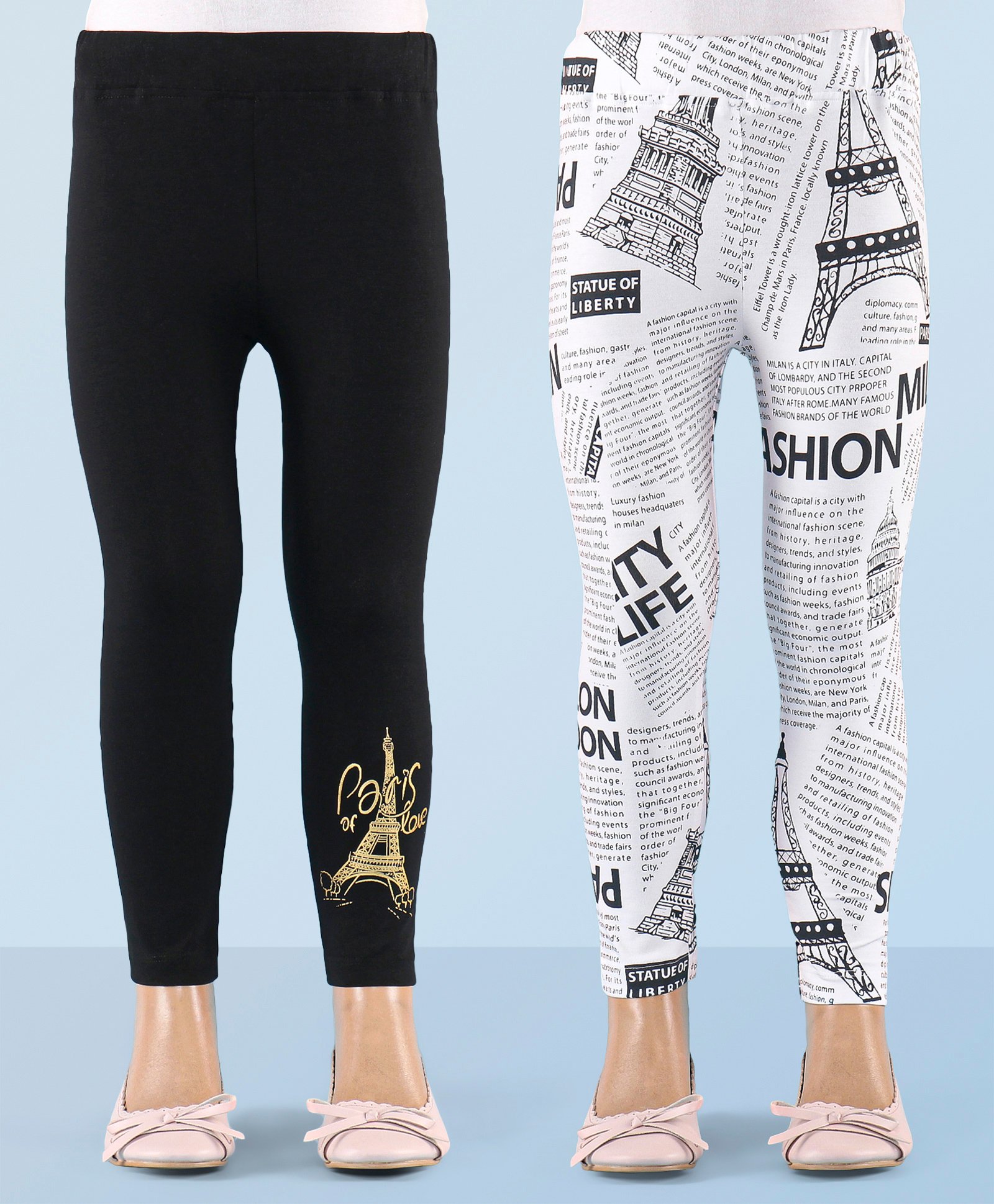 Honeyhap Premium Single Jersey Full Length Leggings with Bio Finish Text & Eiffel Tower Print Pack of 2 - Bright White & Black-image-45