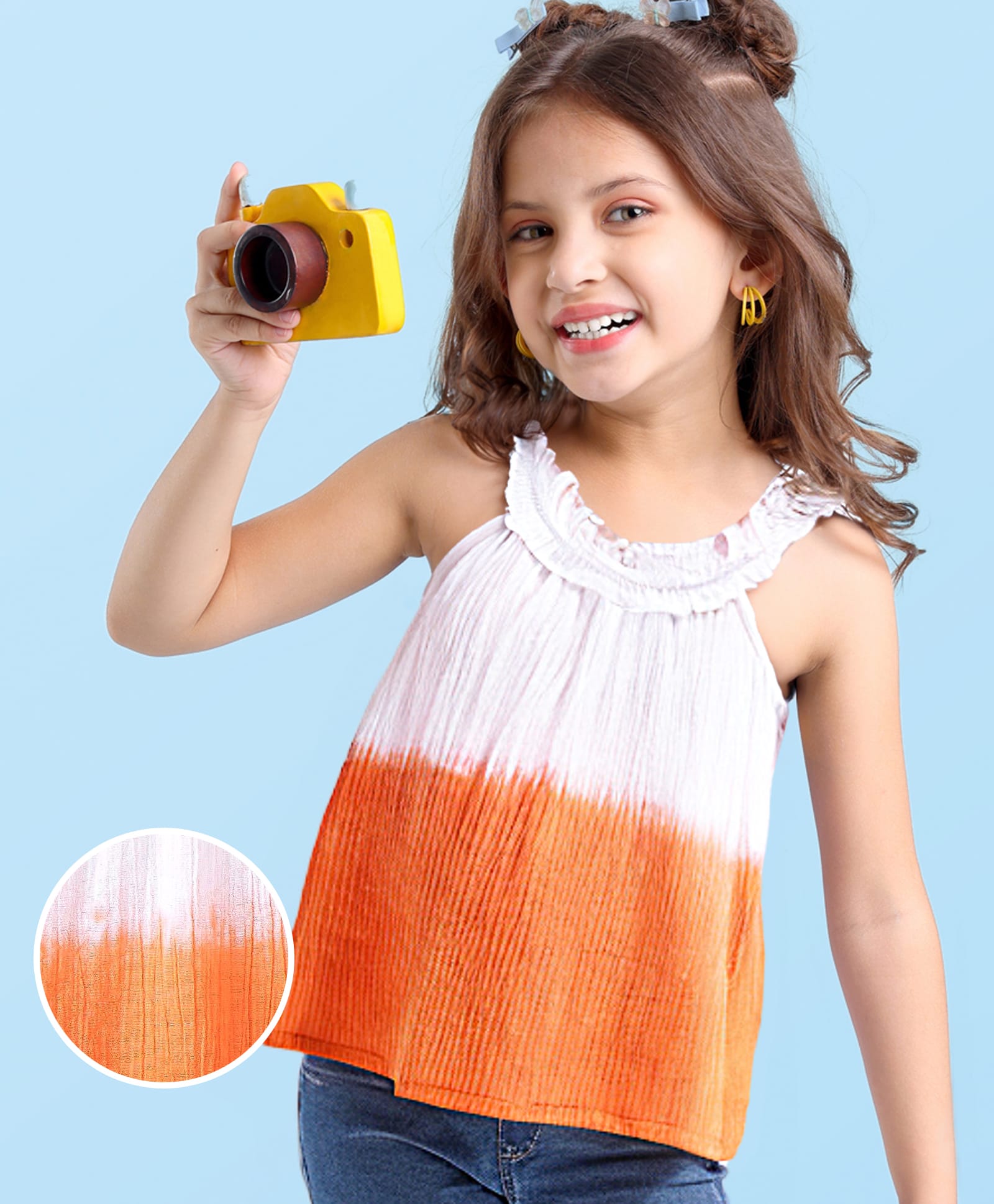 Babyhug Cotton Crinkle Woven Sleeveless Top with Frills and Gradient Effect - Orange & White-picture-15