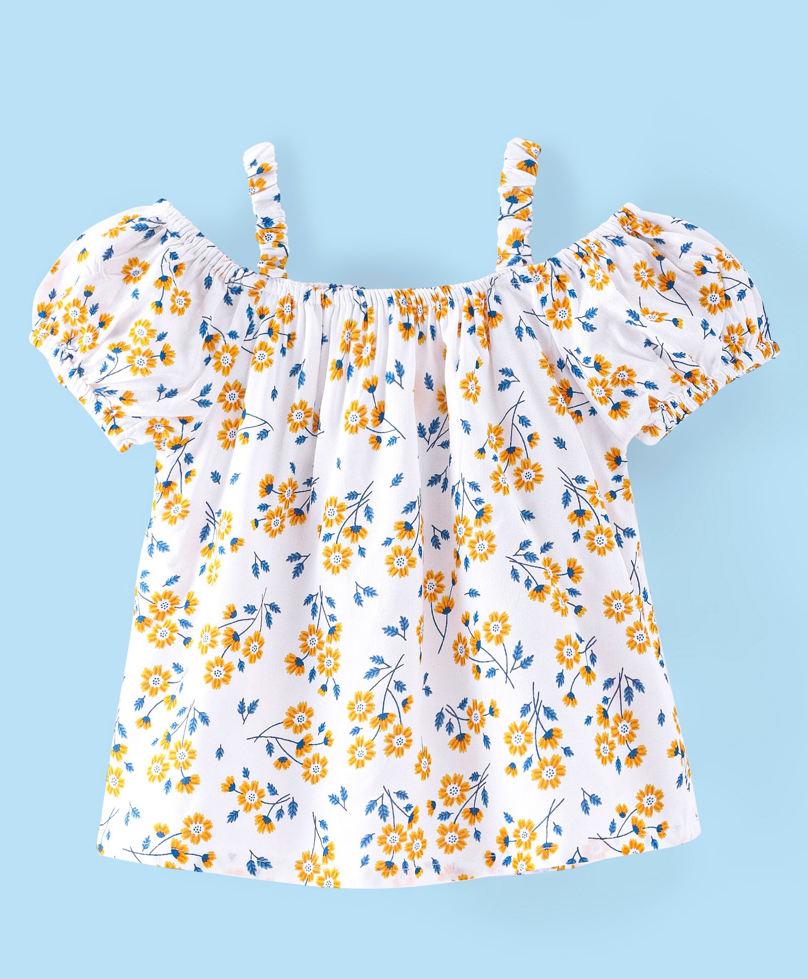 Babyhug Rayon Woven Gathered Half Sleeves Top With Floral Print - White Yellow & Blue-picture-26