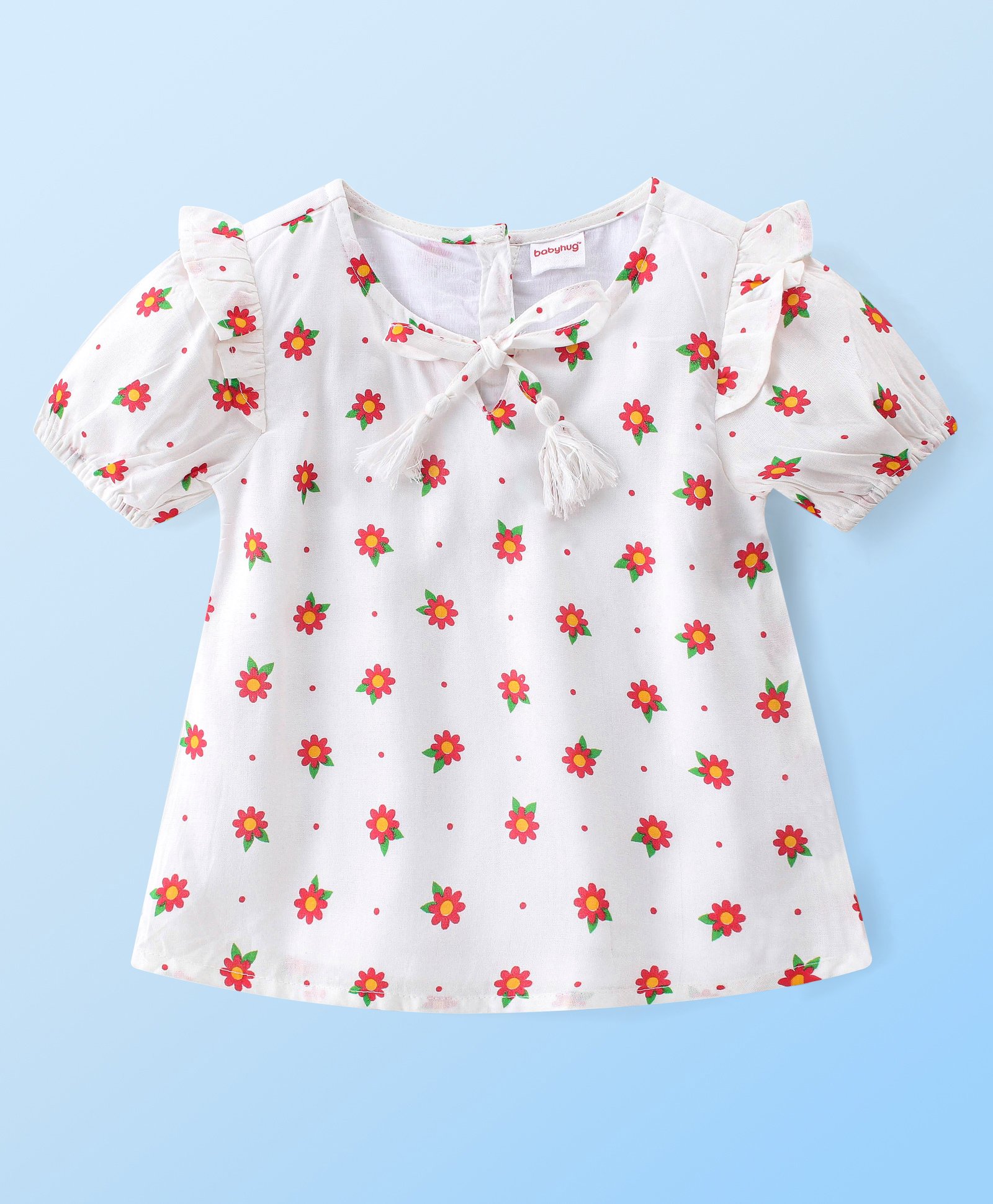Babyhug Rayon Woven Half Sleeves Gathered Top with Frills & Floral Print - White-image-40