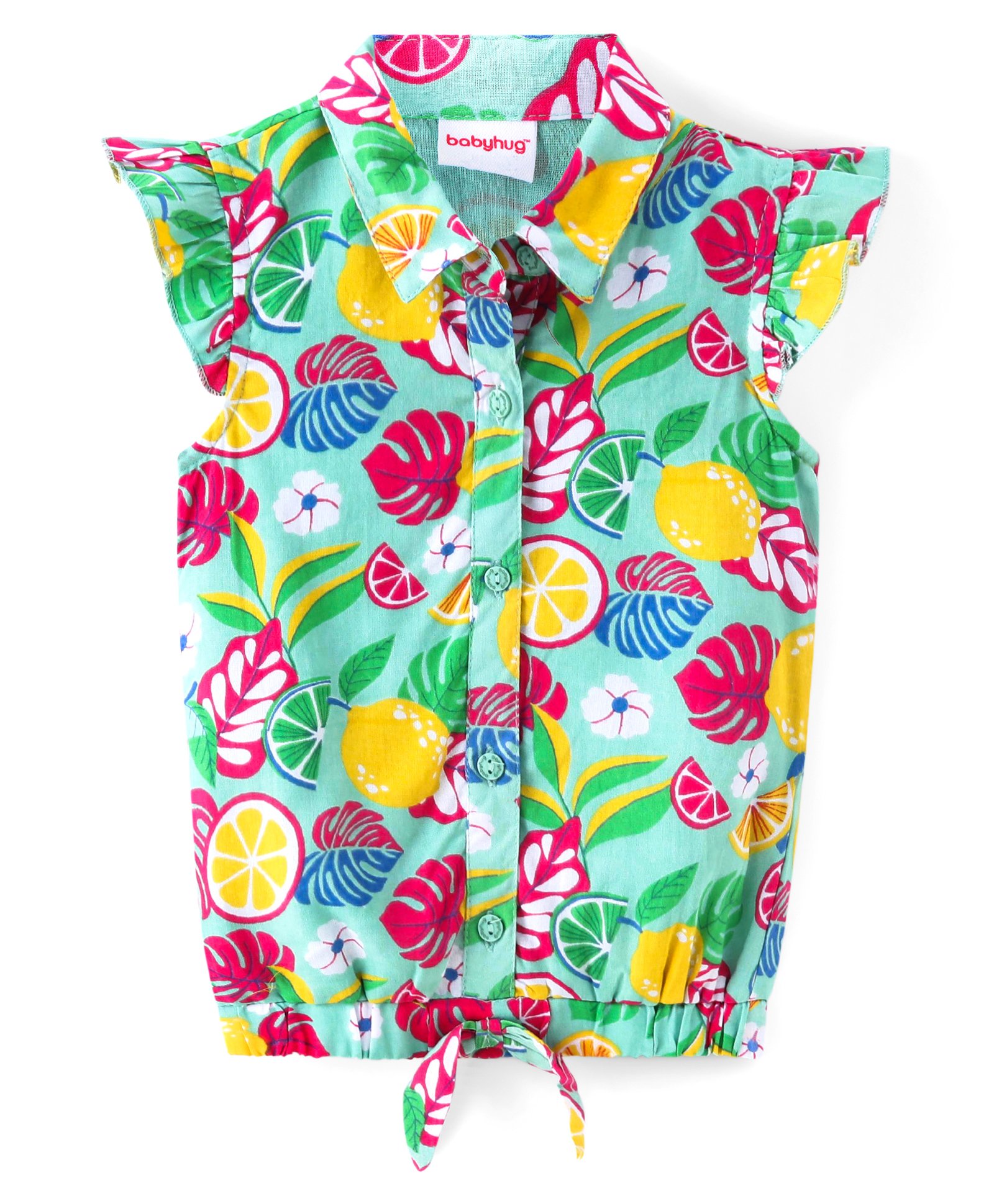 Babyhug Rayon Woven Half Sleeves Shirt Styled Knot Top With Frills Tropical Theme Print - Light Green-image-44