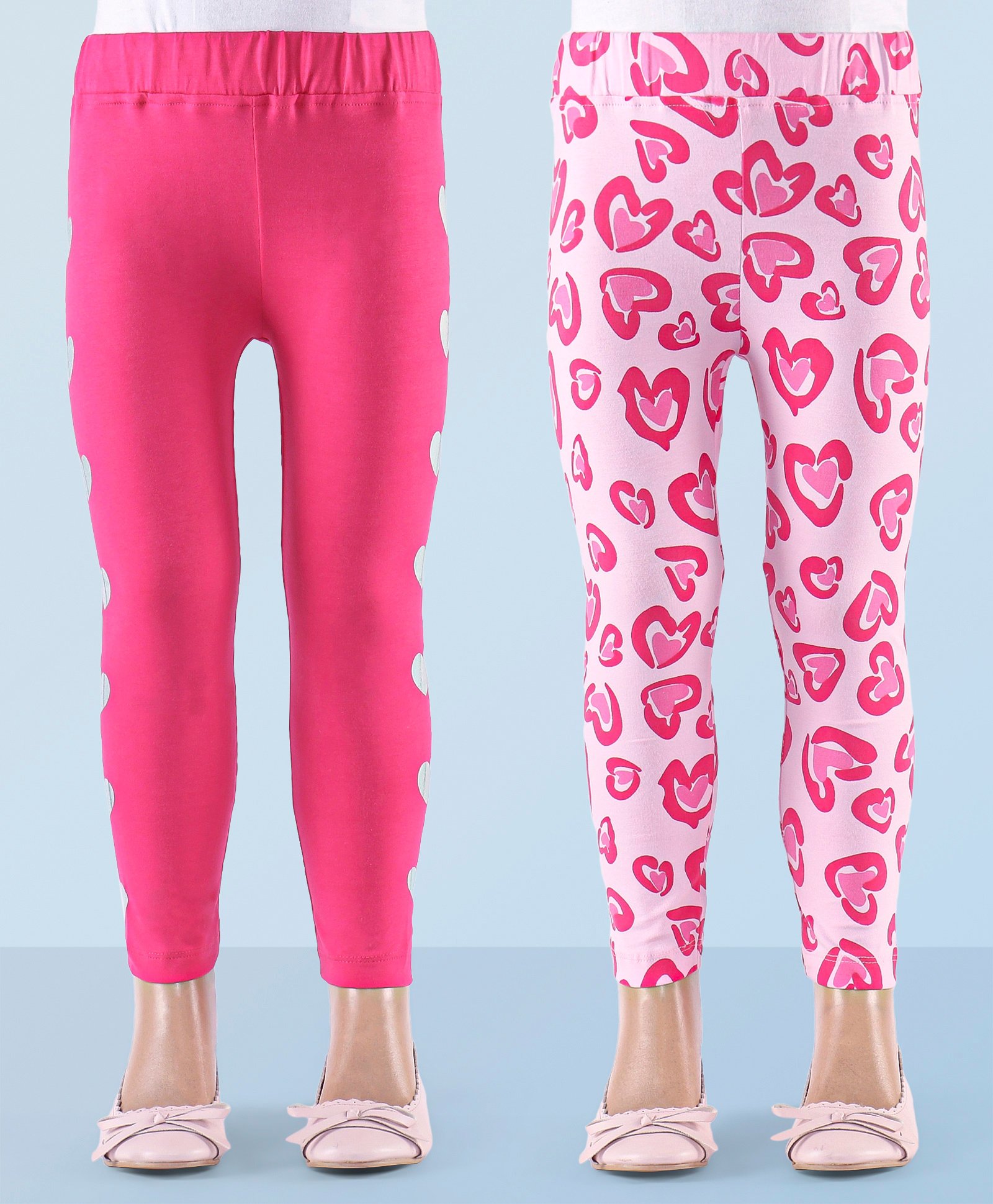 Honeyhap Cotton Elastane Single Jersey Knit Ful Length Leggings  with Bio Finish Heart Print  Pack of 2  - Azalea Pink & Orchid Pink-image-45