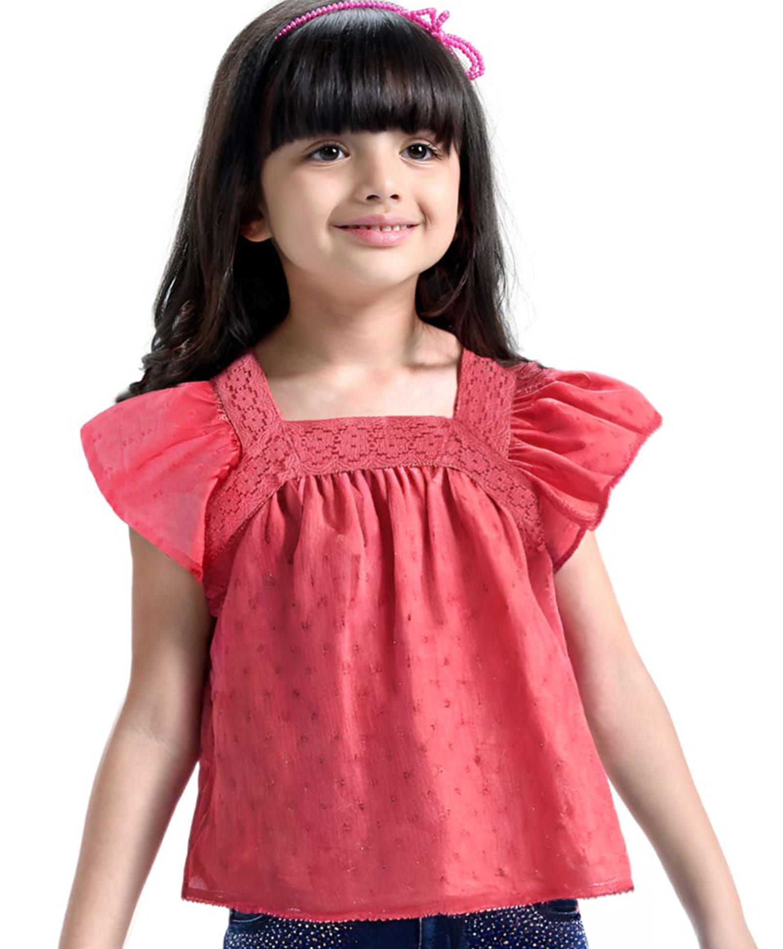 Babyhug Cotton Woven Half Sleeves Top with Lace Detailing - Red-image-12