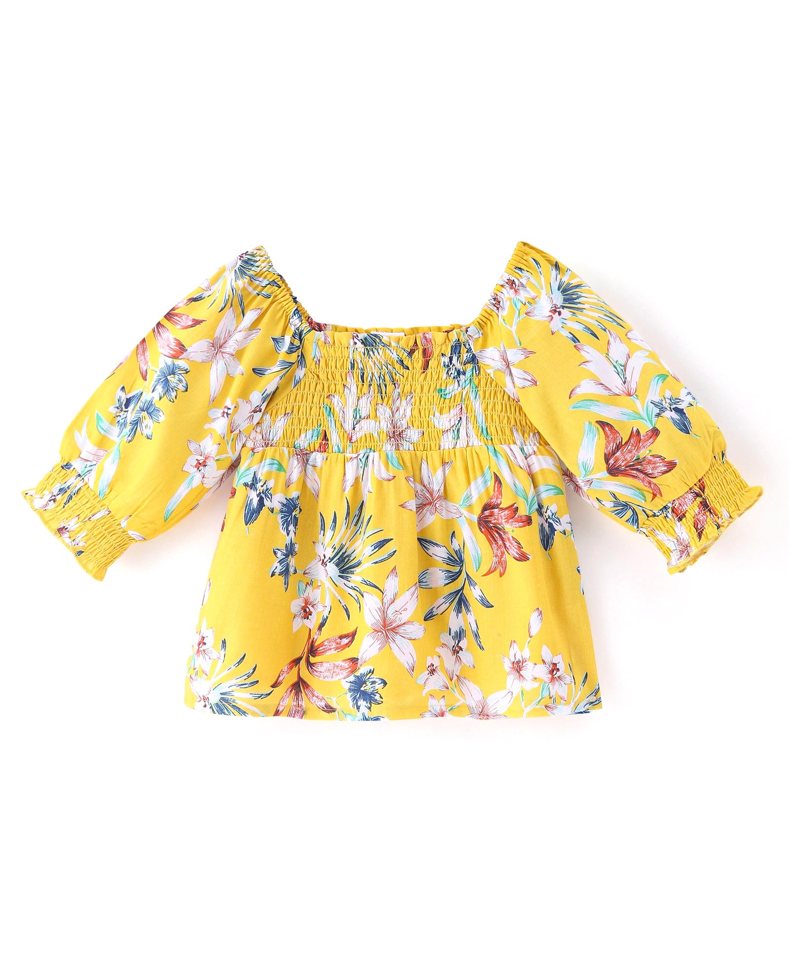 Babyhug Rayon Woven Half Sleeves Top With Smoking Detailing Floral Print - Mustard-image-49