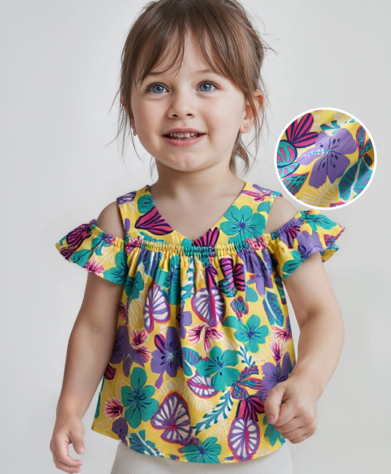 Babyhug Rayon Woven Half Sleeves Floral Printed Ruffled Top - Yellow-image-49