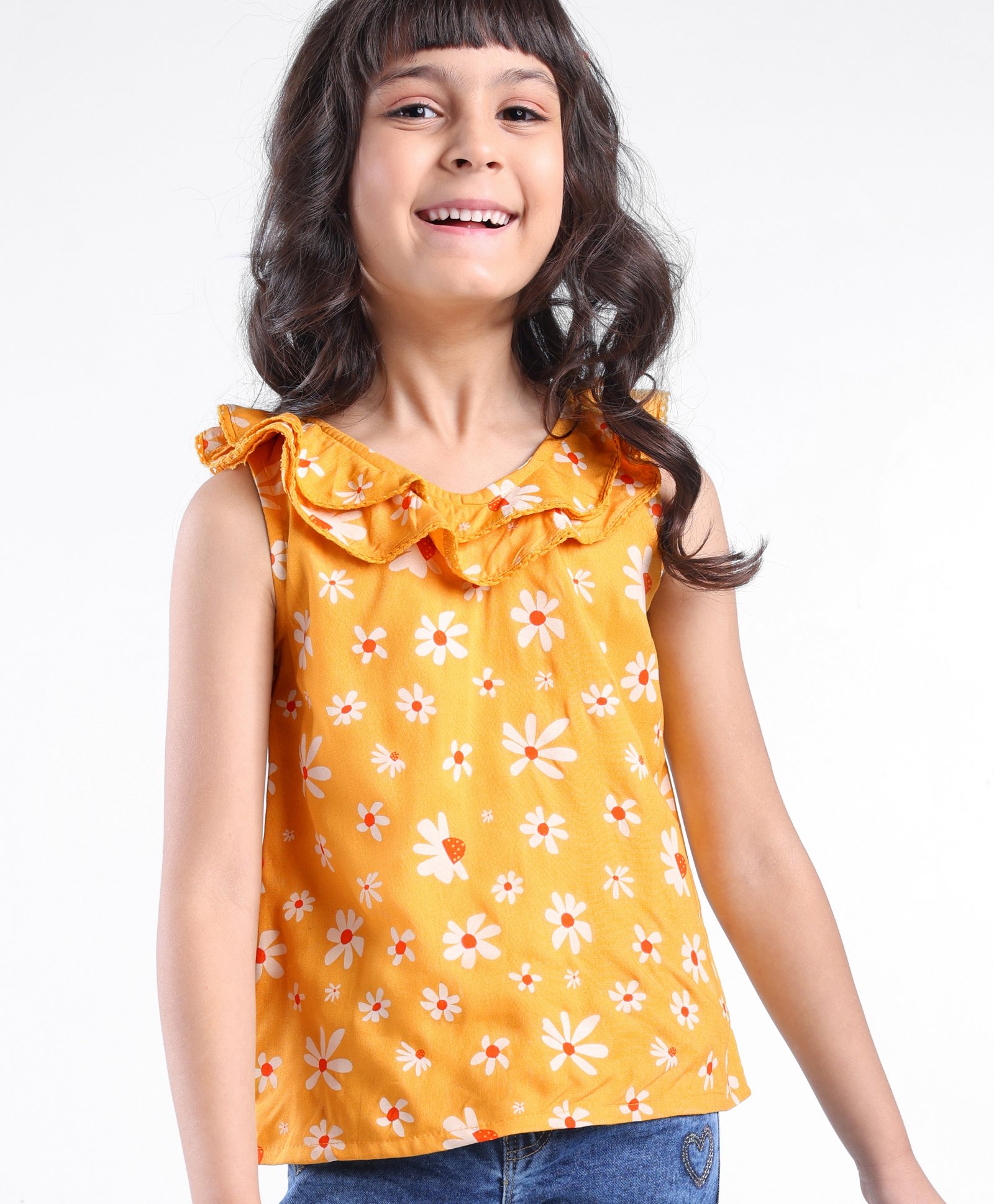 Babyhug Cotton Sleeveless Woven Top With Frills Floral Print - Mustard-image-34
