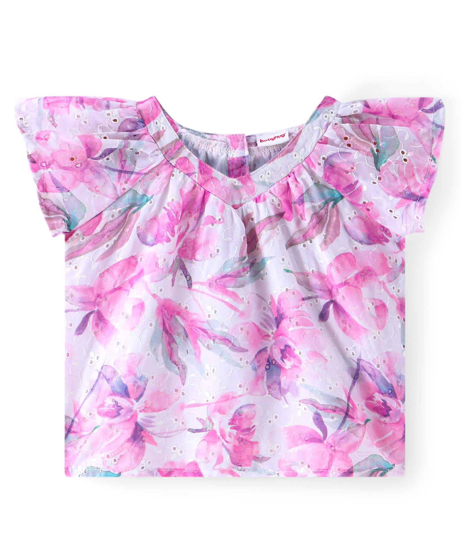Babyhug Woven Half Sleeves Floral Printed Top with Schiffili Detailing - White & Pink-image-19