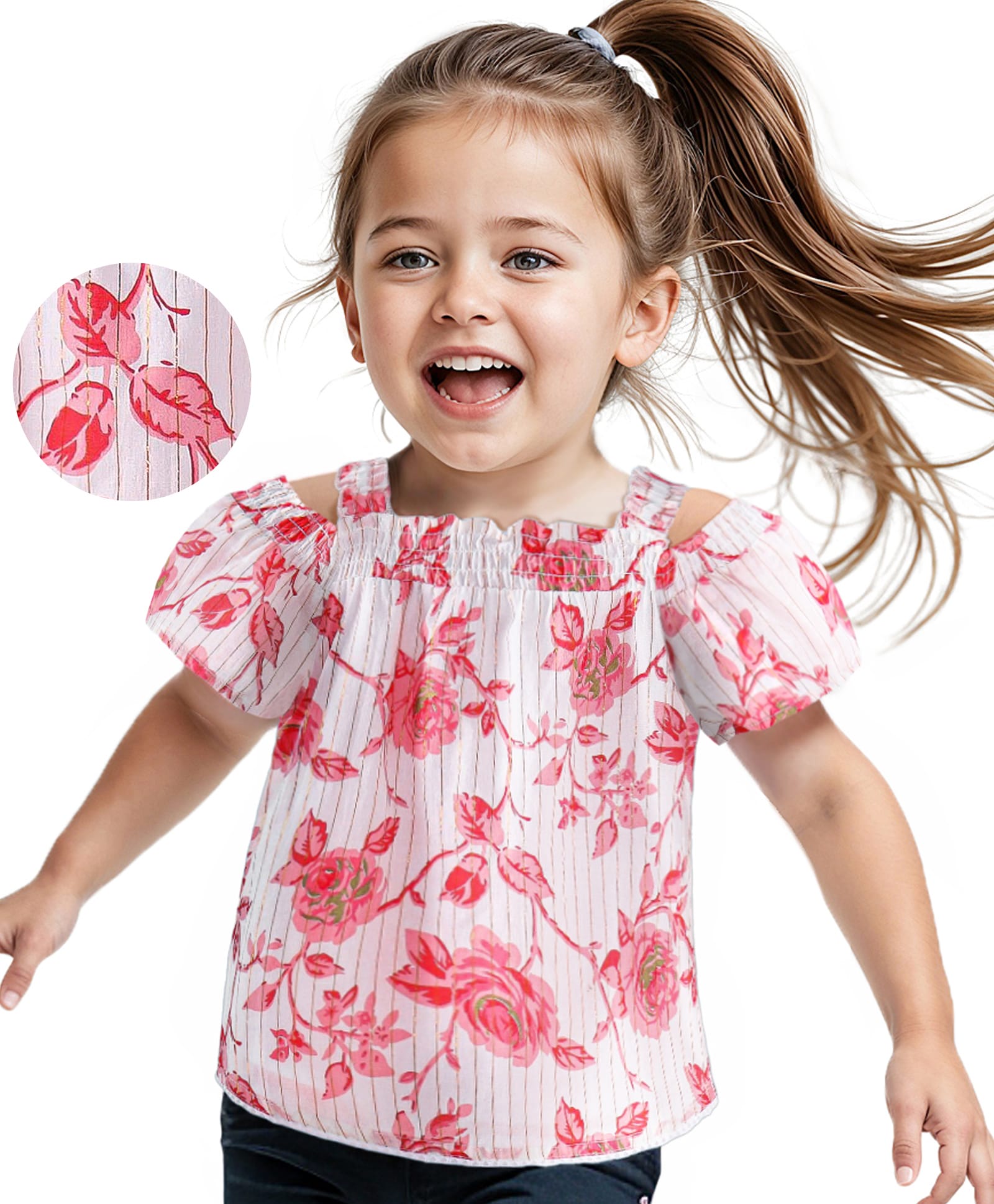 Babyhug Rayon Woven Off Shoulder Sleeves Floral Printed Top with Smocking Detailing - White-image-2
