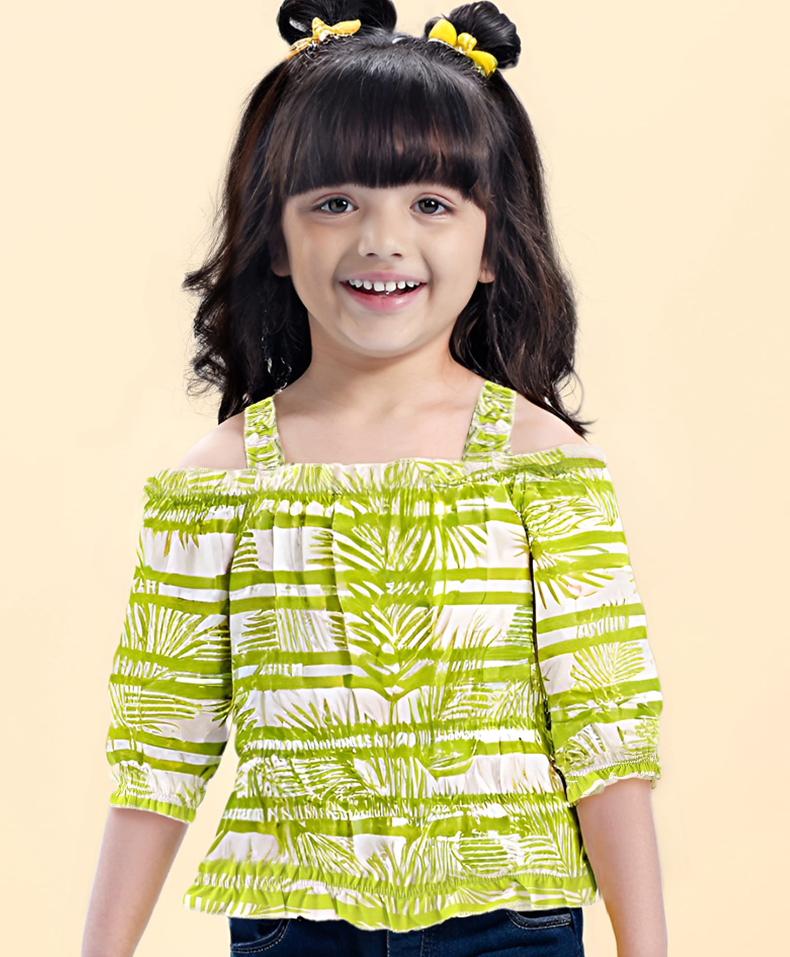 Babyhug Rayon Woven Off Shoulder Sleeves Gathered Top with Leaf Print - Green-image-0