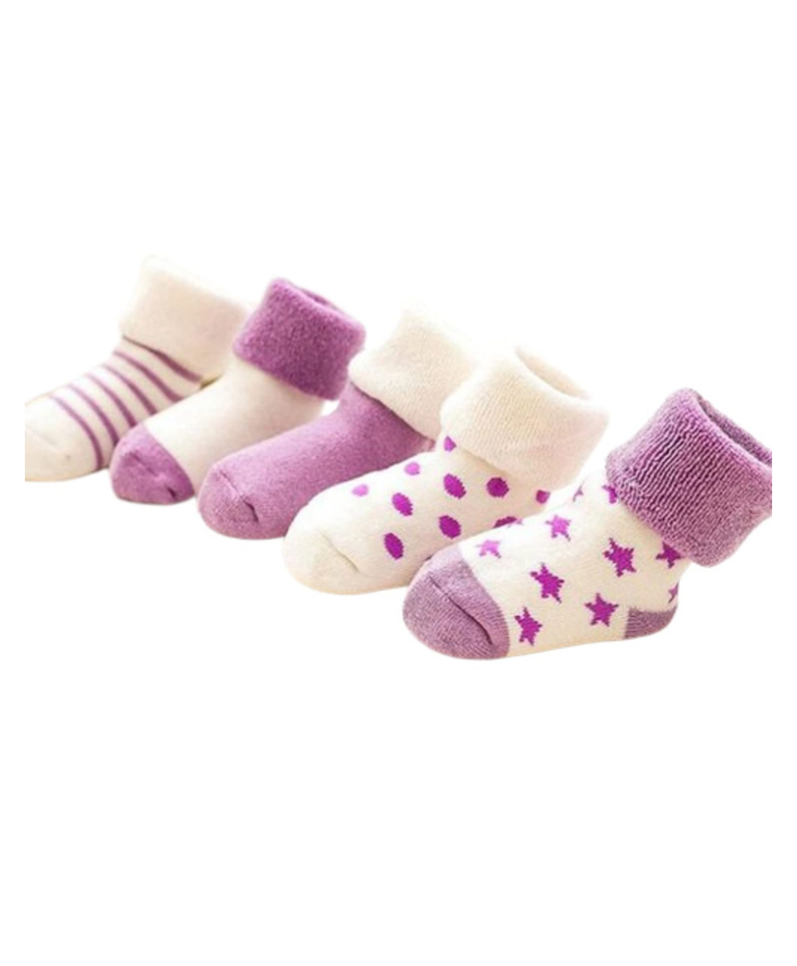 MOMISY Pack of 5 Printed & Striped Socks - White & Purple-image-48