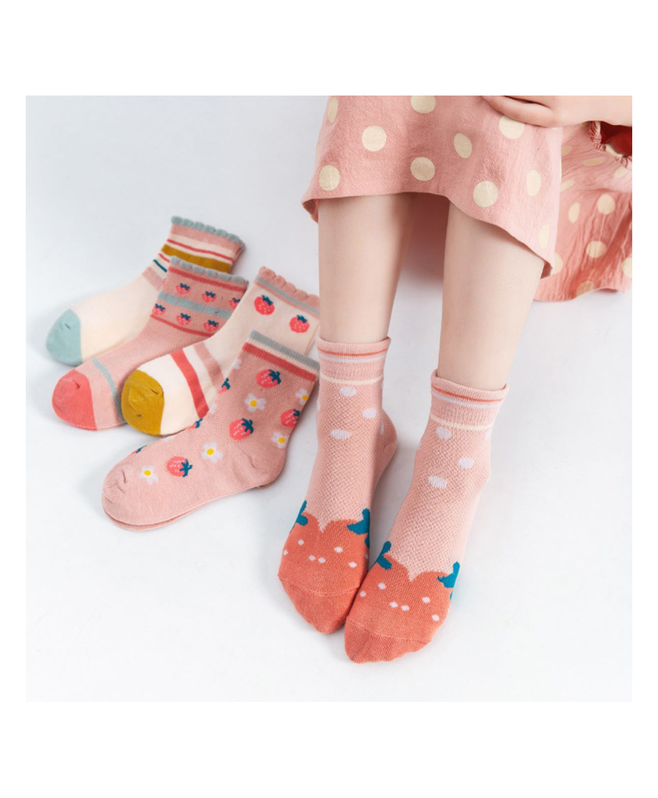MOMISY Pack of 5 Printed & Striped Socks - White & Pink-picture-18