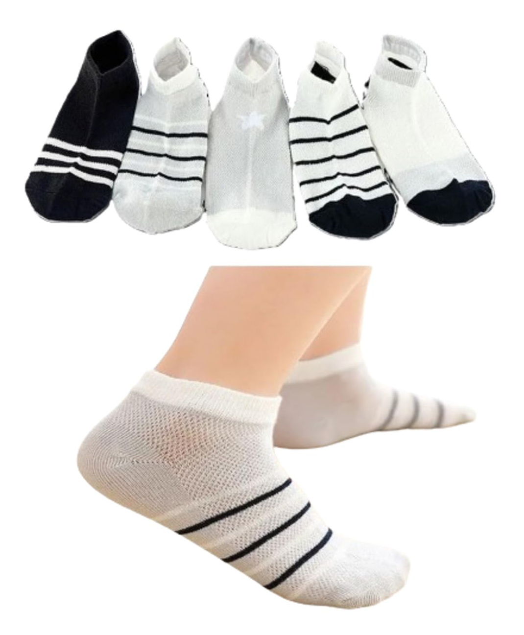MOMISY Pack of 5 Printed & Striped Socks - White Grey & Black-image-42