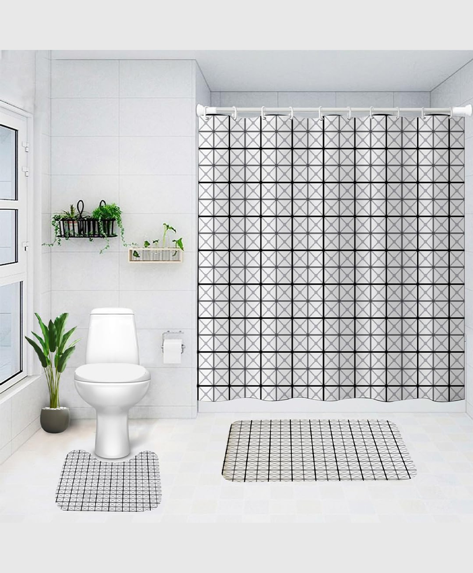UMAI Shower Curtain (180X180 cm) & Bathmat 3 Pcs Set|6ft|Creative Vibrant Coloured Polyster Curtain Sets with Non-Slip Bath mats for Bathroom|Easy-Slide Curtains|Quick Dry,Soft Mats-image-41