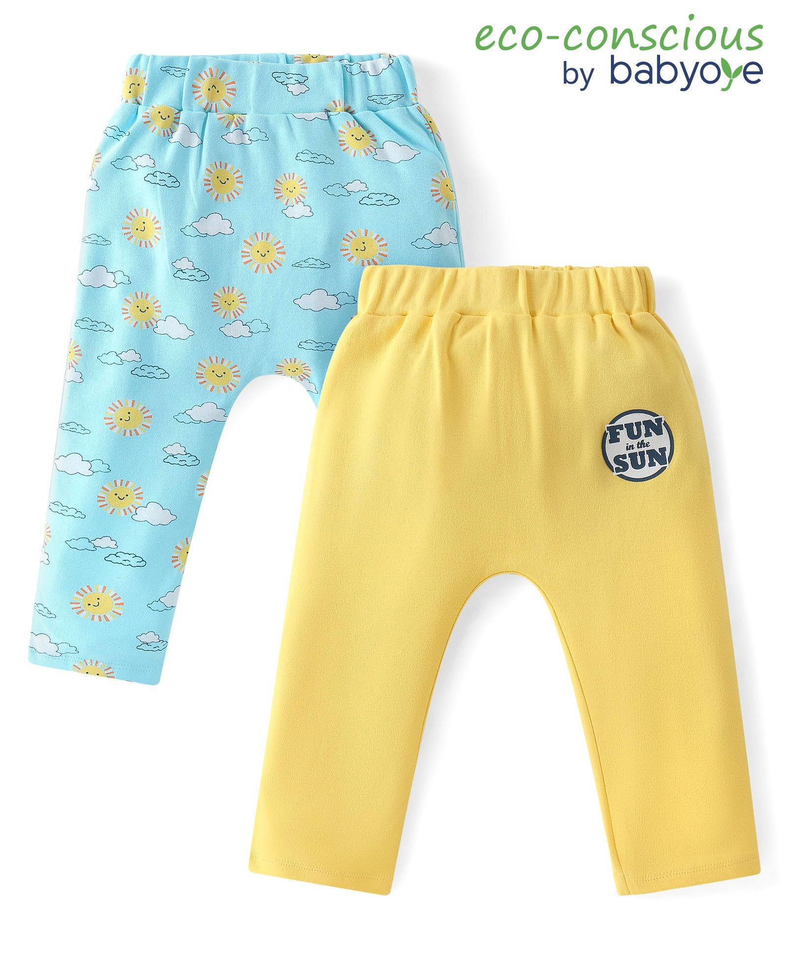 Babyoye 100% Organic Cotton With Eco Jiva Finish Full Length Diaper Leggings Sun & Cloud Print Pack Of 2 - Blue & Yellow-picture-18