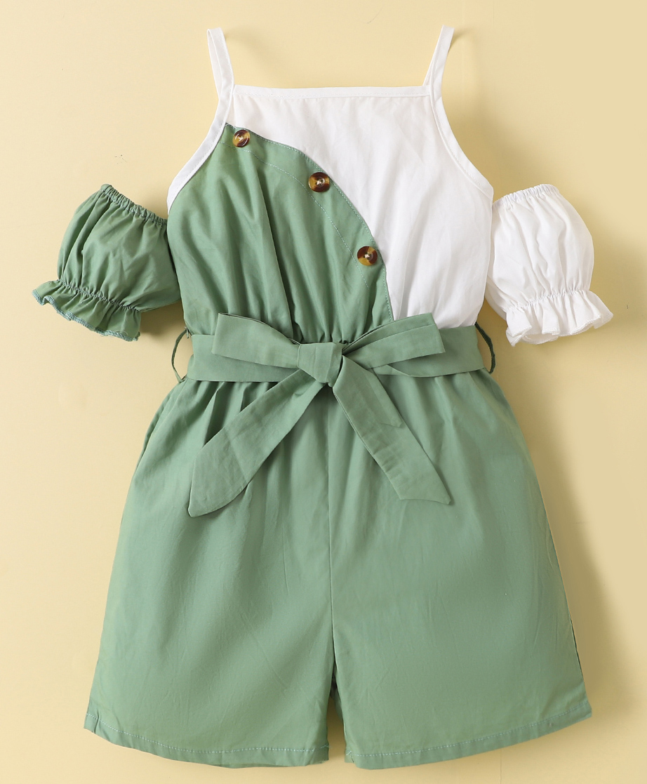 Kookie Kids Cold Shoulder Sleeves Solid Color Jumpsuit - Green-picture-10