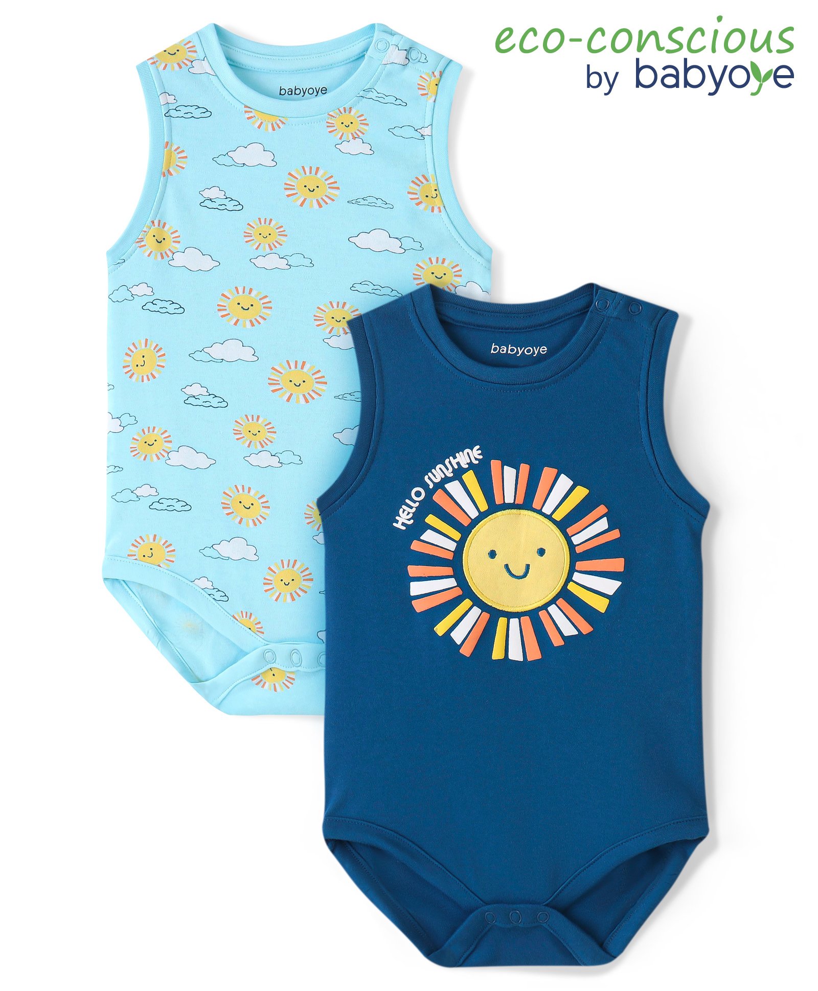 Babyoye 100% Organic Cotton with Eco Jiva Finish Sleeveless Onesies With Sun & Clouds Print Pack Of 2 - Blue-image-8